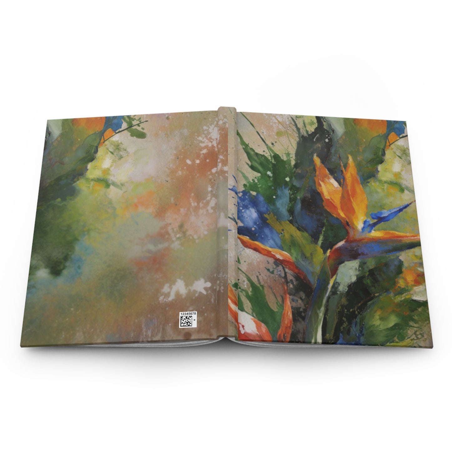 Back view of Solara Tropique hardcover journal showing full‑wrap abstract tropical painting in bold orange, green, and blue tones