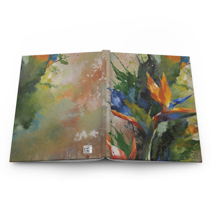 Back view of Solara Tropique hardcover journal showing full‑wrap abstract tropical painting in bold orange, green, and blue tones