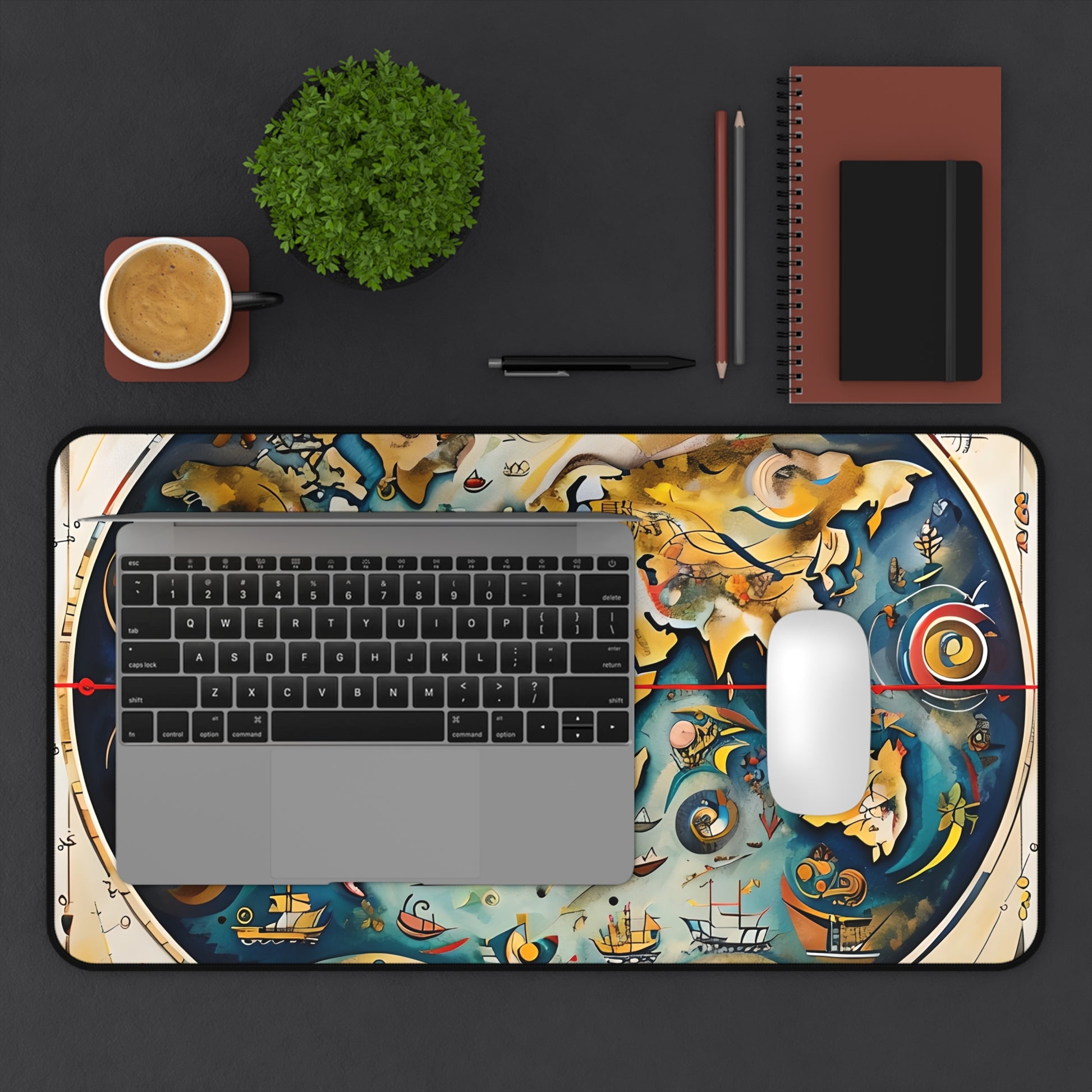 Celestial Map desk mat in workspace with keyboard showing constellation and star map design