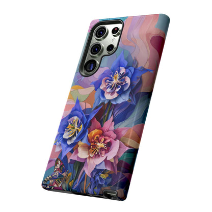 Blue Columbine Carnivale vibrant columbine floral artwork with butterfly Samsung Galaxy phone case angled view