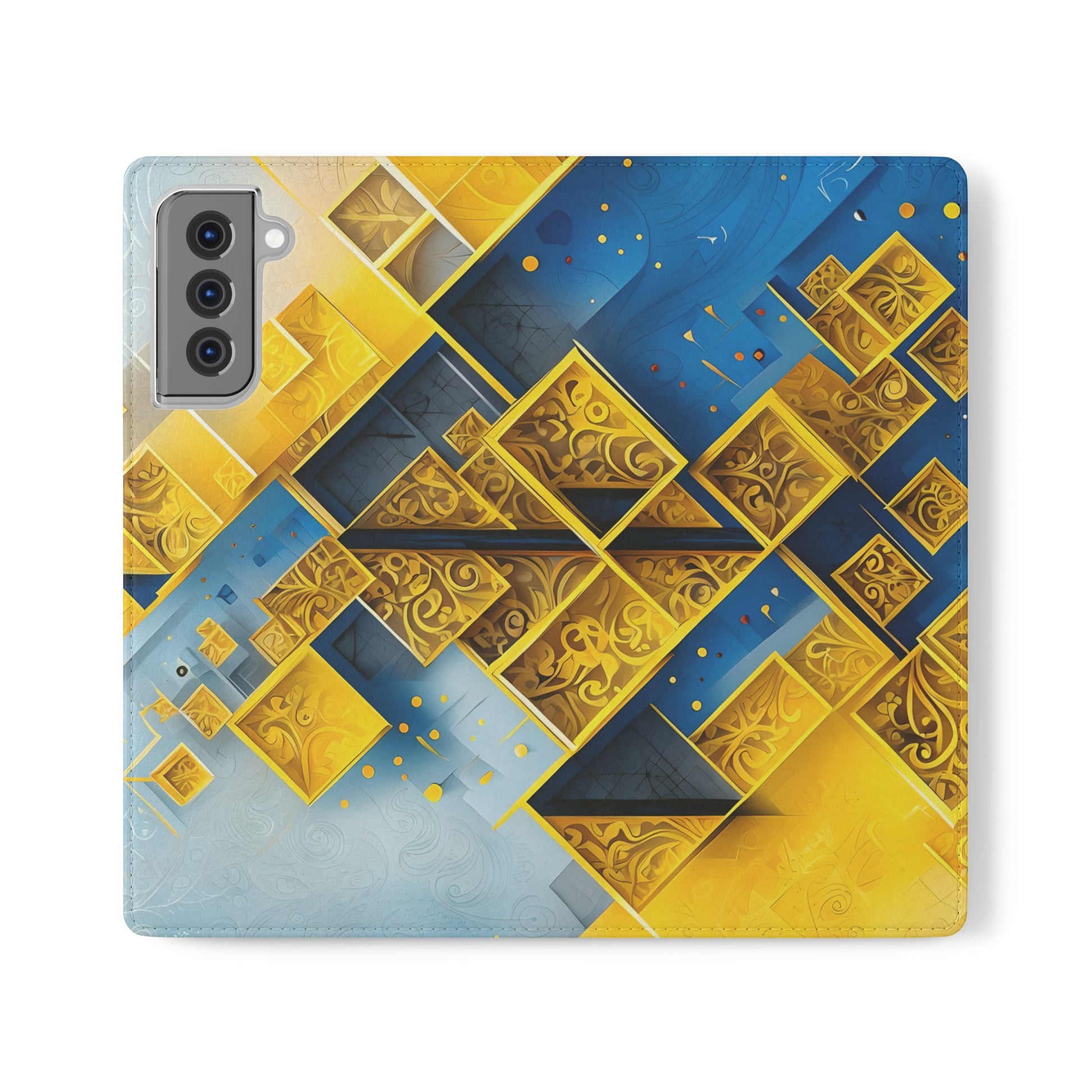 Golden Ascent Wallet Phone Case - Abstract Yellow & Blue Flip Cover for Samsung Galaxy S21 Plus
