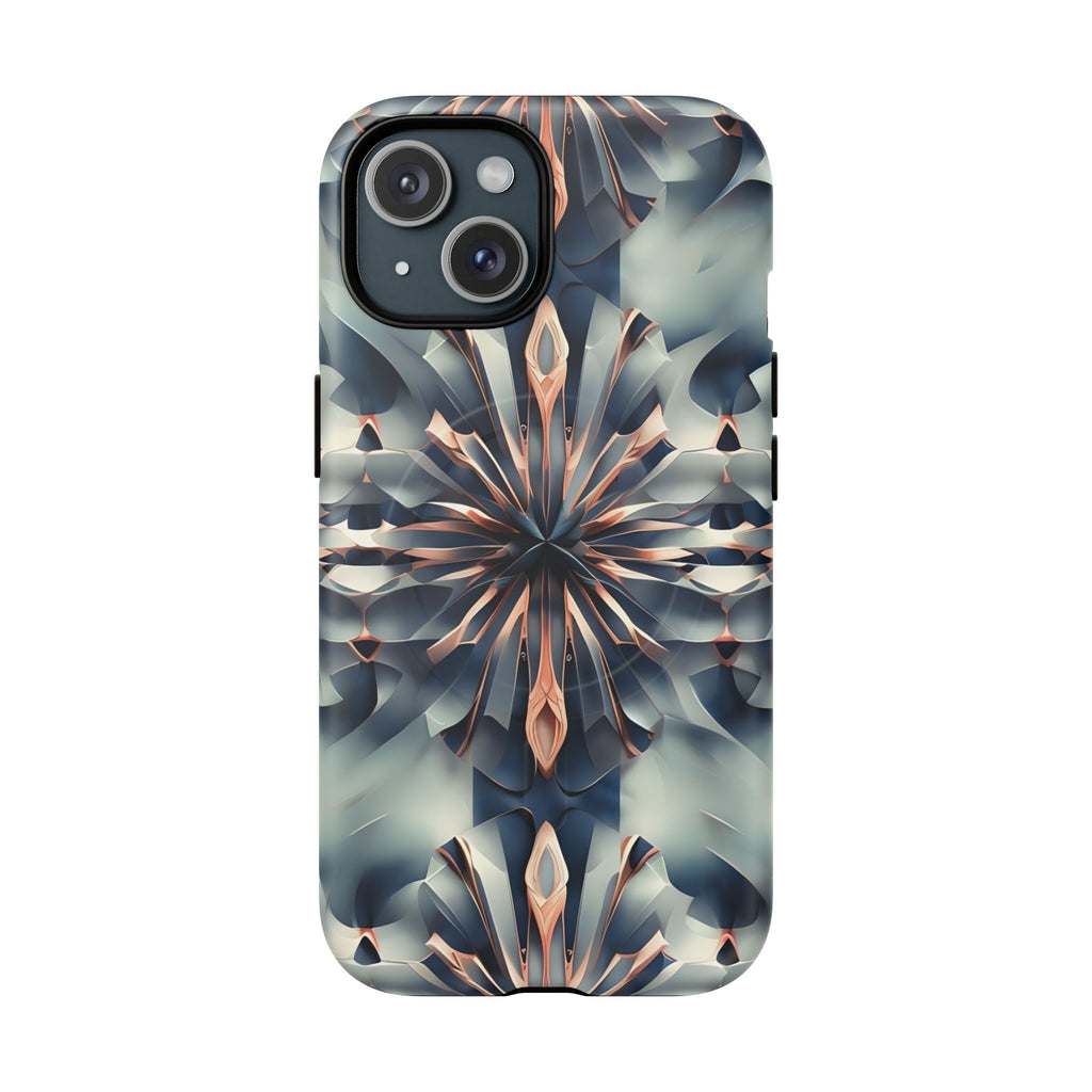 Obsidian Kaleidoscope Artistic Floral Burst - iPhone 15 MagSafe Phone Case -Blue, Peach and Silver Symmetrical Design