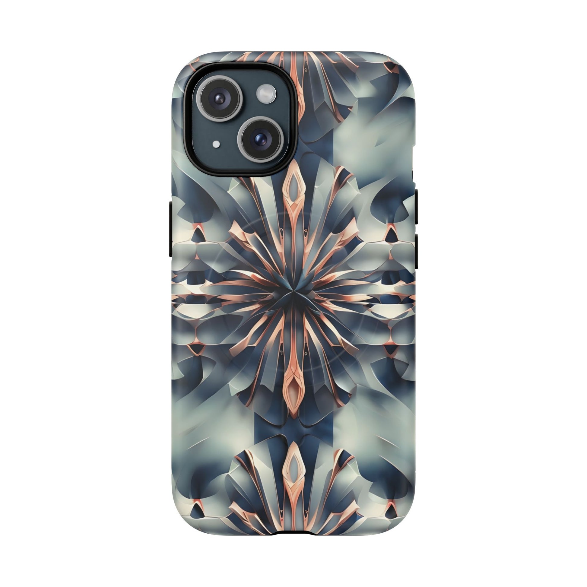 Obsidian Kaleidoscope Artistic Floral Burst - iPhone 15 MagSafe Phone Case -Blue, Peach and Silver Symmetrical Design