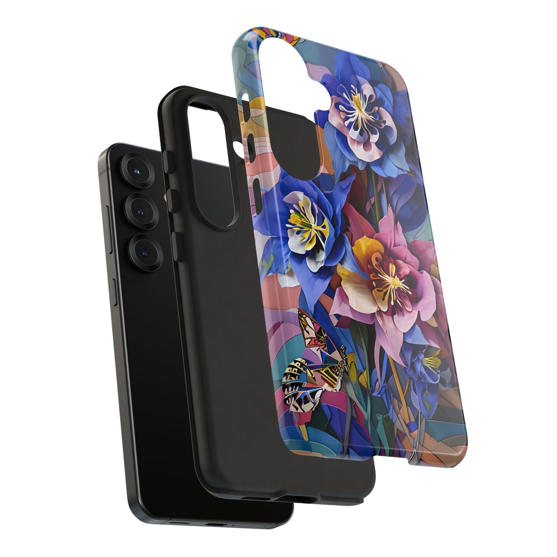 Blue Columbine Carnivale - Artistic Floral & Butterfly Samsung S25 Tough Phone Case - Vibrant Botanical Design
