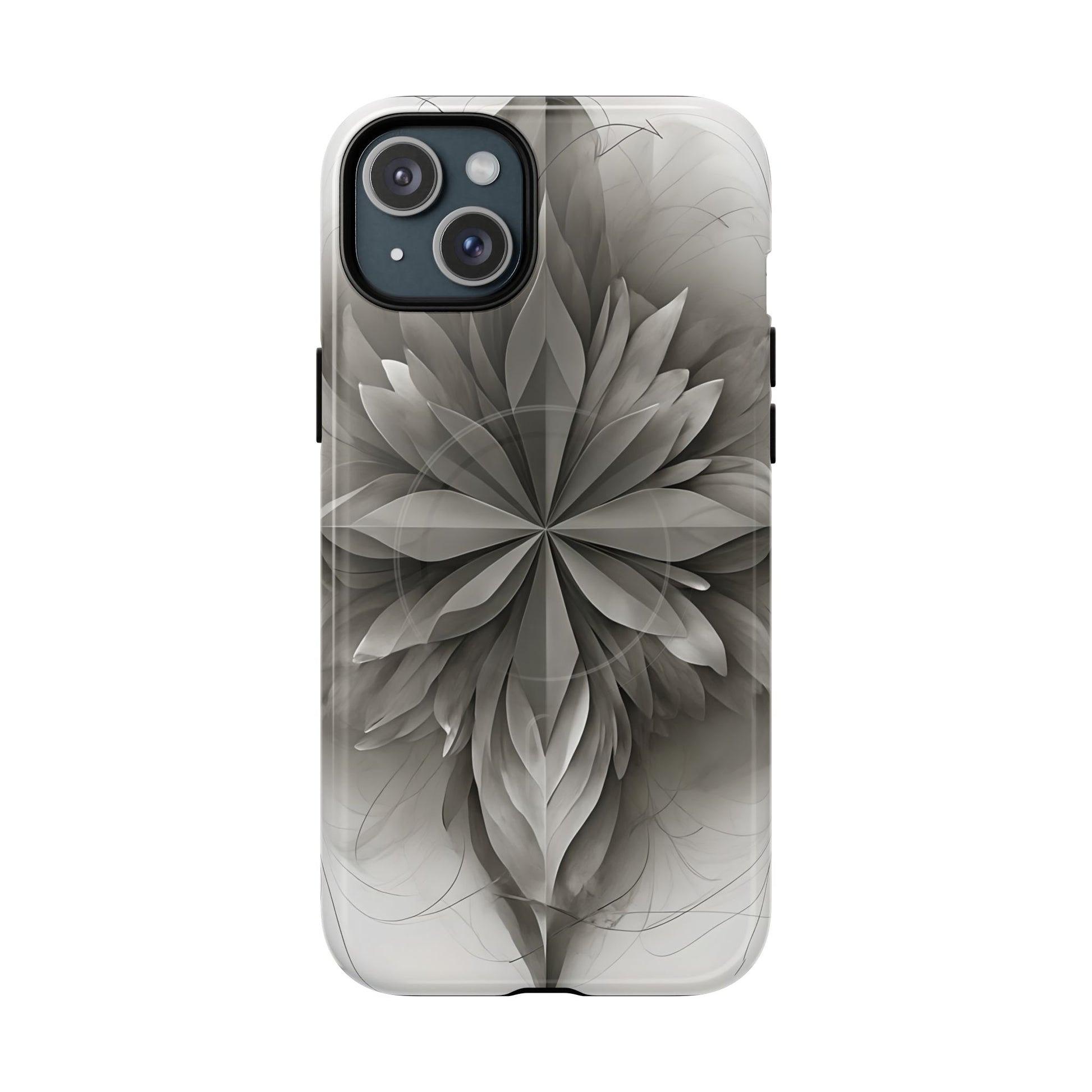 Silver Lotus - Elegant Monochrome Floral iPhone 15 Plus MagSafe Phone Case - Modern Lotus Design