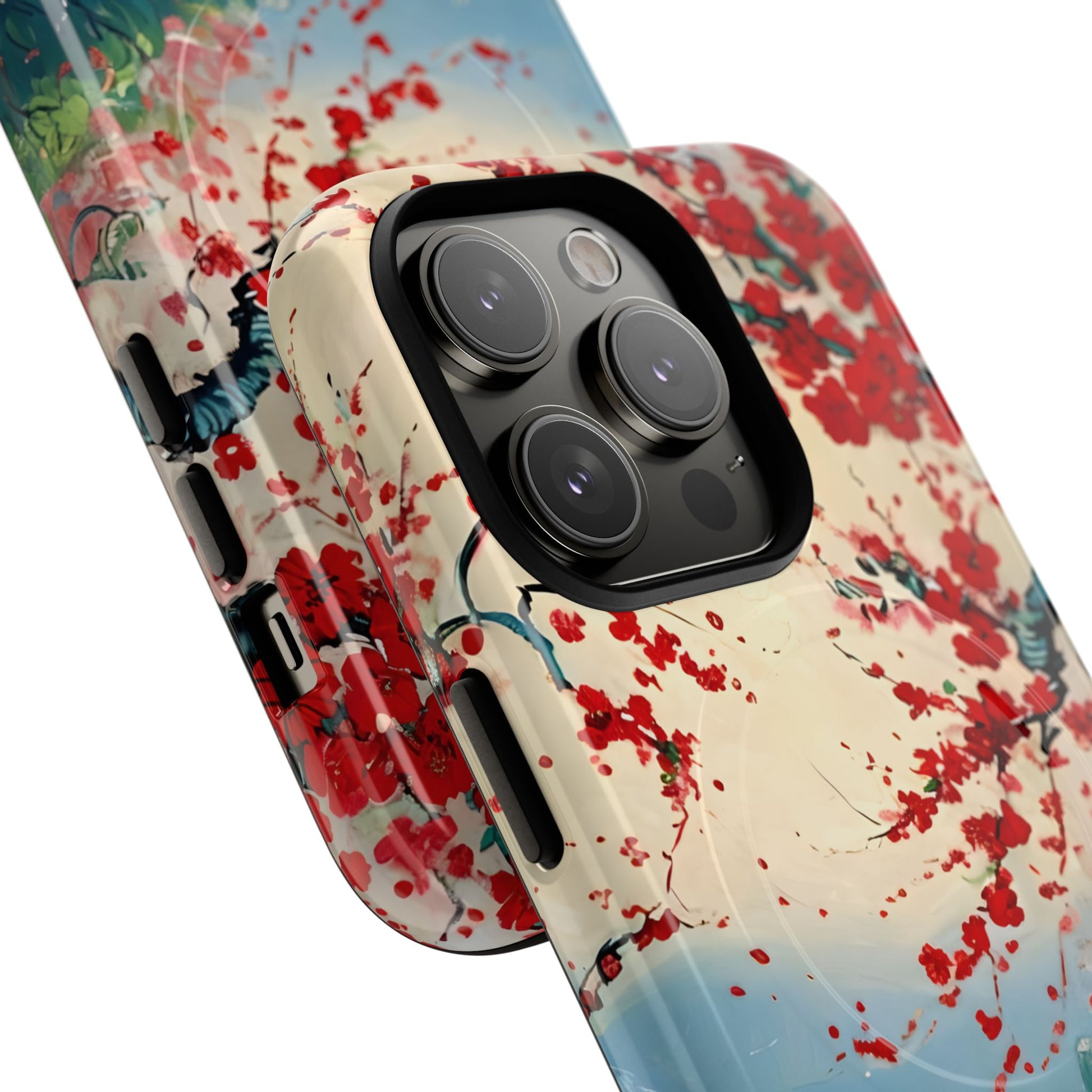 Crimson Blossom Lake - Artistic Floral Landscape iPhone 14 Pro MagSafe Phone Case - Red Cherry Blossoms & Serene Lake Design