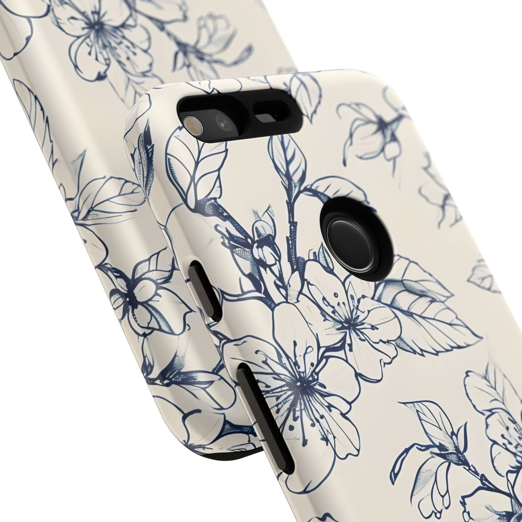 Blossom Sketch - Artistic Blue Floral Google Pixel XL - Tough Phone Case - Hand-Drawn Botanical Design