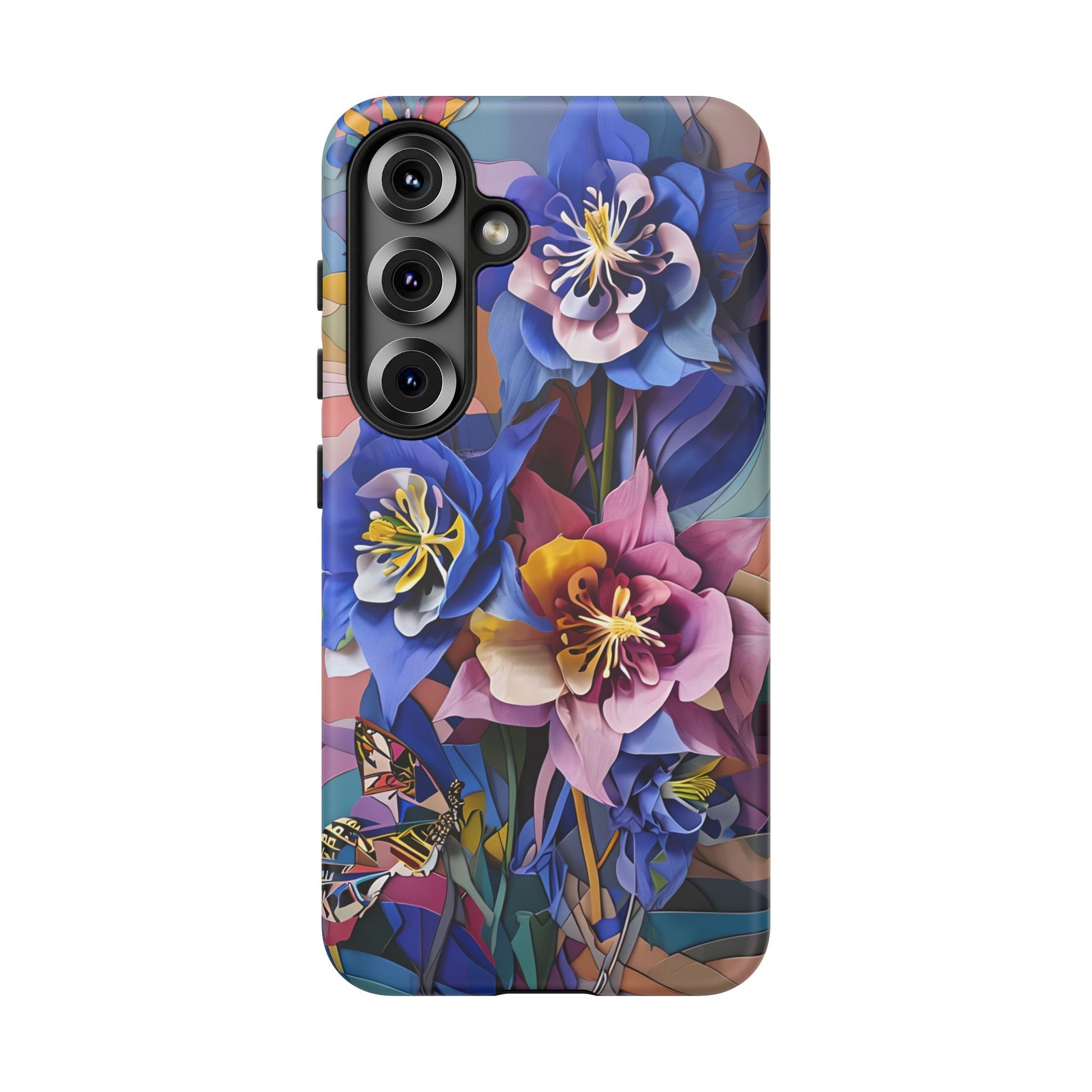 Blue Columbine Carnivale - Artistic Floral & Butterfly Samsung S25 Tough Phone Case - Vibrant Botanical Design