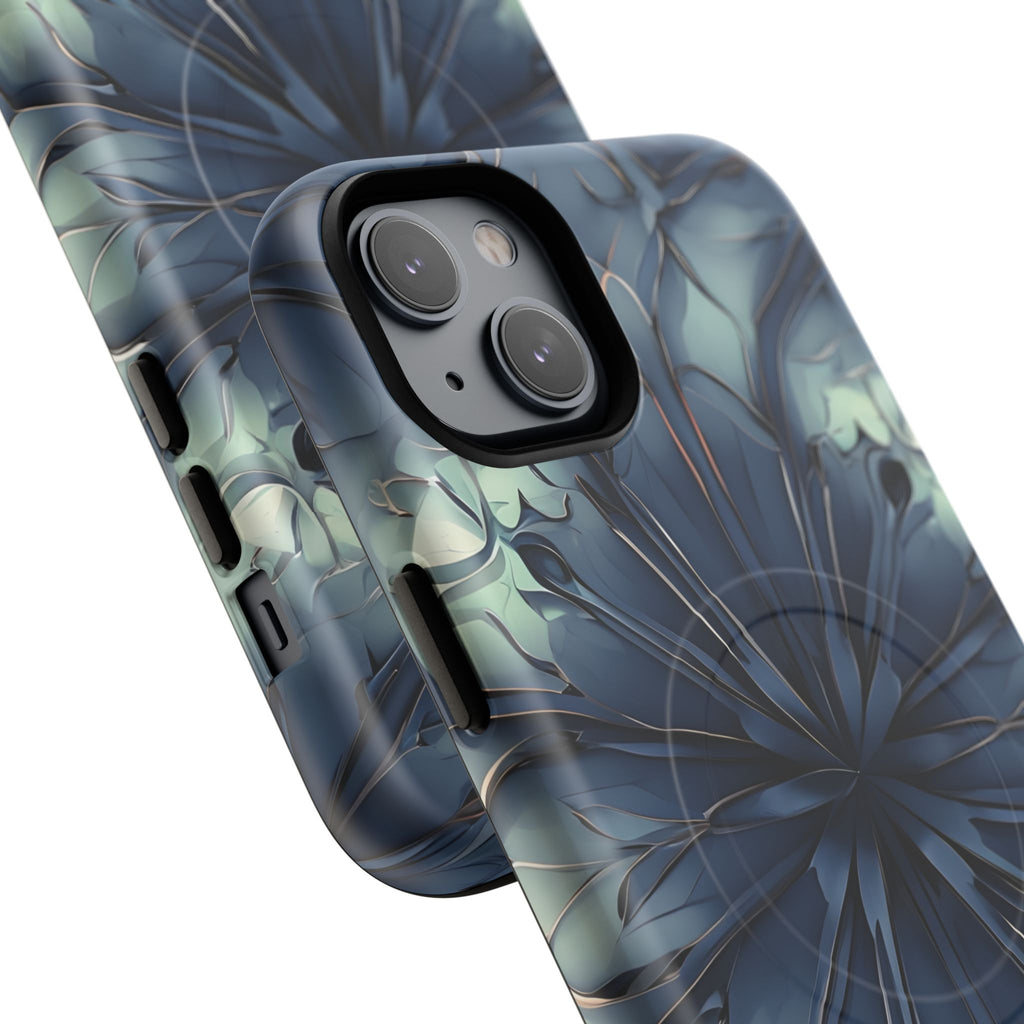 Indigo Mosaic - Artistic Kaleidoscope Collection Artistic Floral - iPhone 14 Plus MagSafe Phone Case -Bold Blue Symmetrical Design