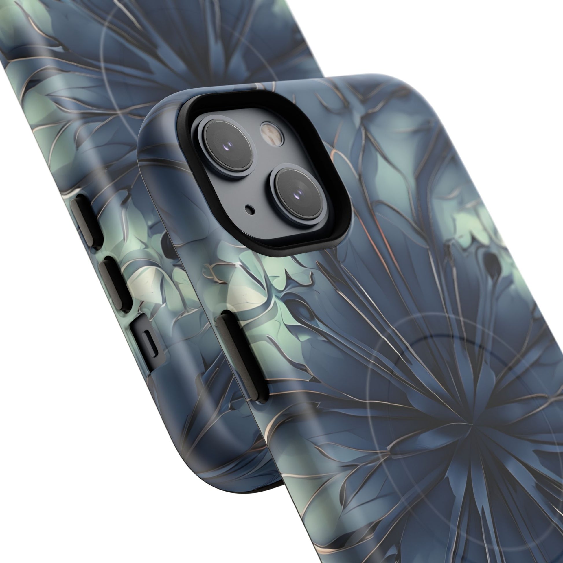 Indigo Mosaic - Artistic Kaleidoscope Collection Artistic Floral - iPhone 14 Plus MagSafe Phone Case -Bold Blue Symmetrical Design