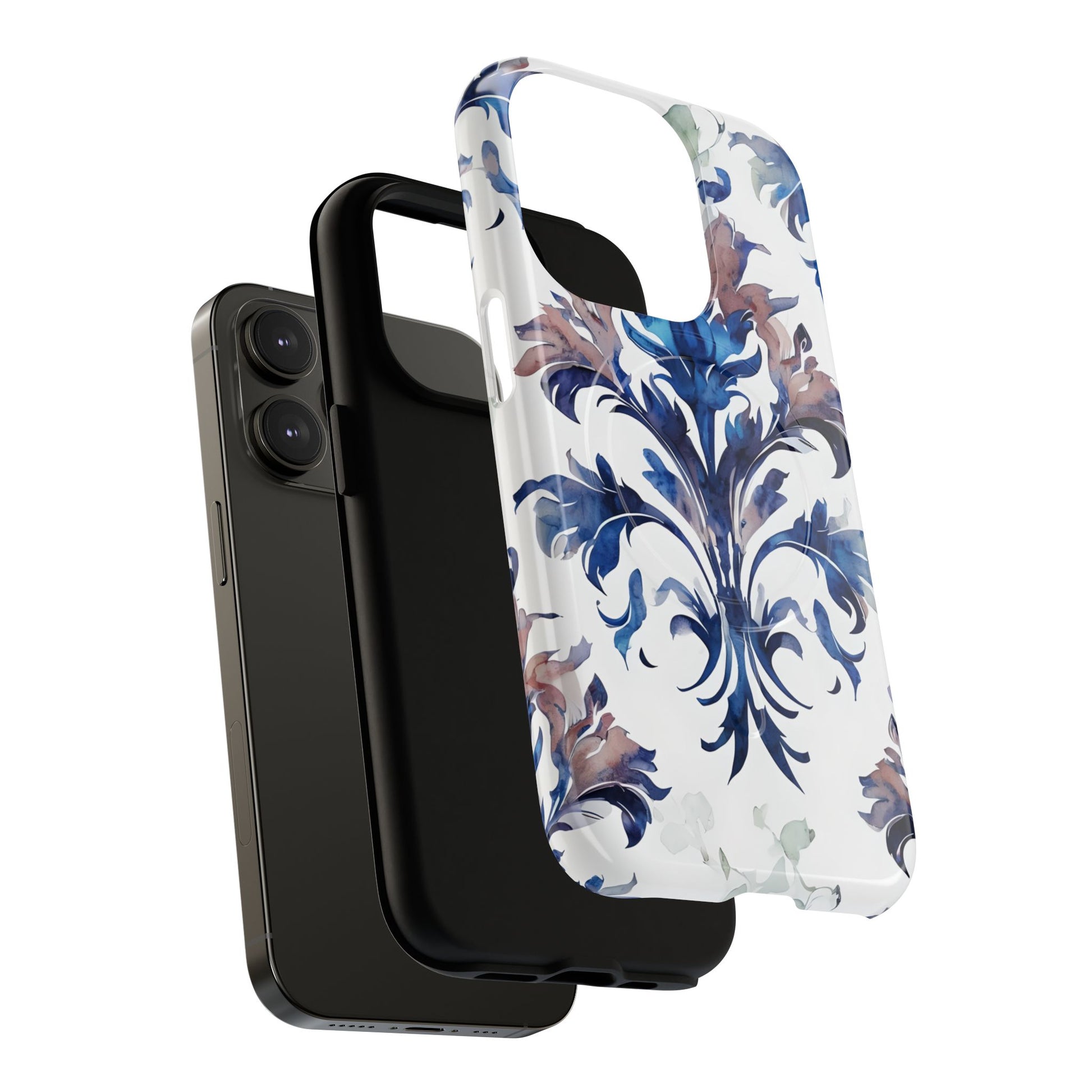 Delft Reverie - Elegant Blue & White iPhone 14 Pro MagSafe Phone Case - Dutch Delftware-Inspired Floral Design