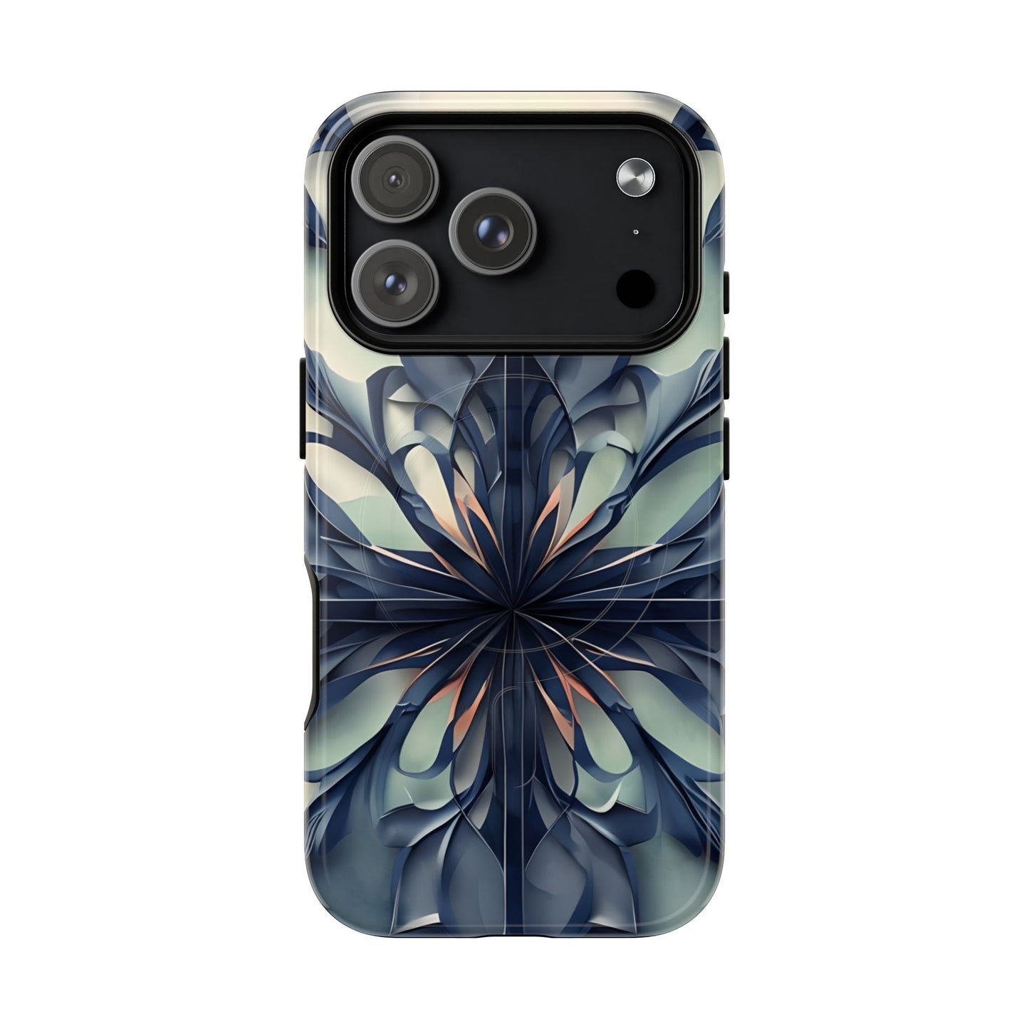 Frosted Indigo Bloom iPhone MagSafe case with large camera cutout 
featuring a symmetrical abstract floral design in deep indigo and soft blue tones.