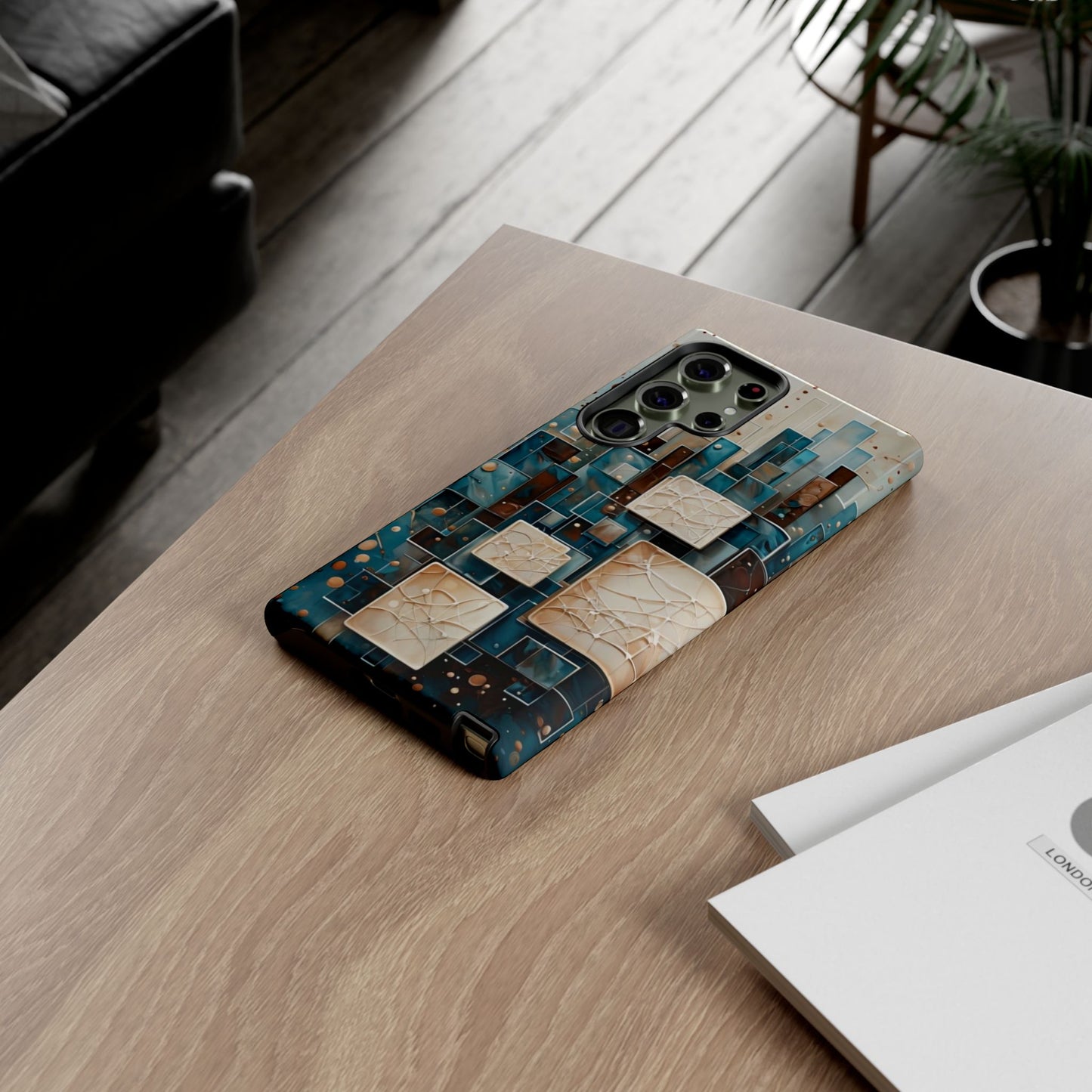Architectural Drift geometric architectural pattern Samsung Galaxy phone case lifestyle desk scene