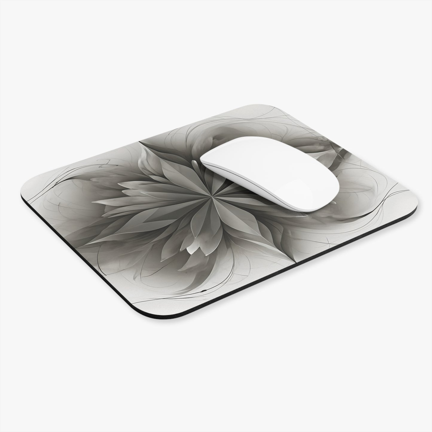 Silver Lotus mouse pad in workspace with mouse showing lotus floral artwork