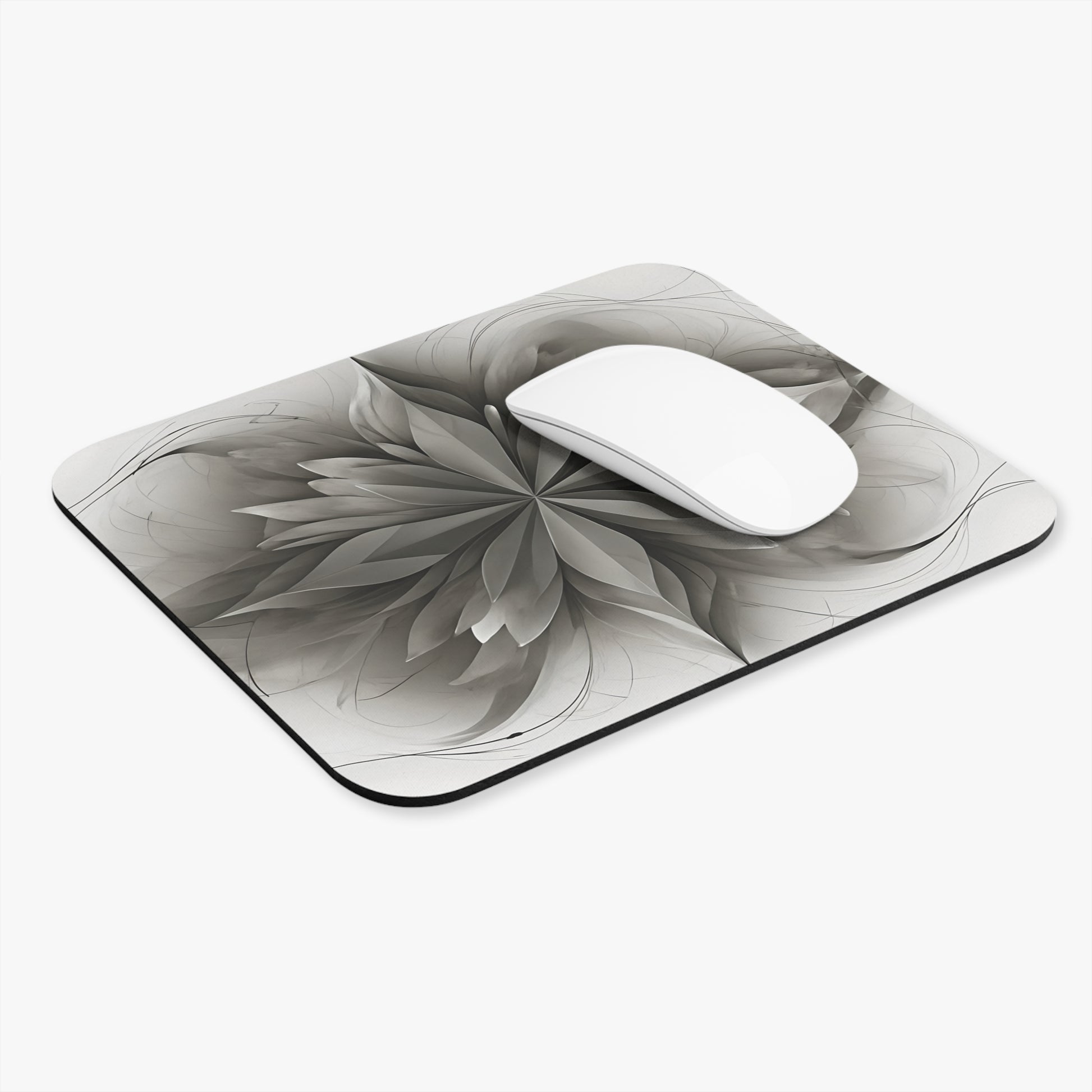 Silver Lotus mouse pad in workspace with mouse showing lotus floral artwork