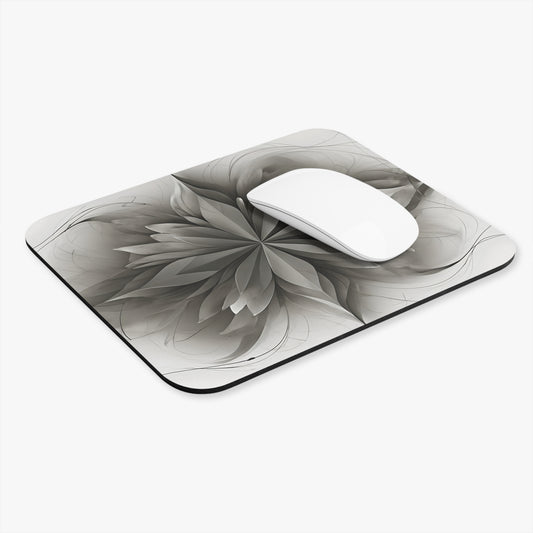 Silver Lotus mouse pad in workspace with mouse showing lotus floral artwork