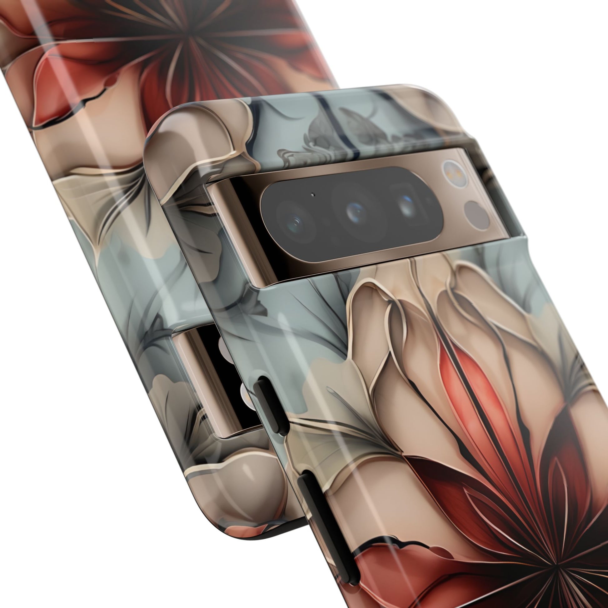 Autumn Ember warm autumn floral artwork Google Pixel phone case angled view