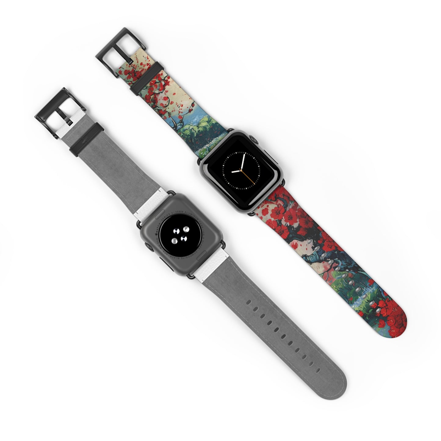 Crimson Blossom Lake Apple Watch bands shown on two watches front and back highlighting red blossom landscape artwork