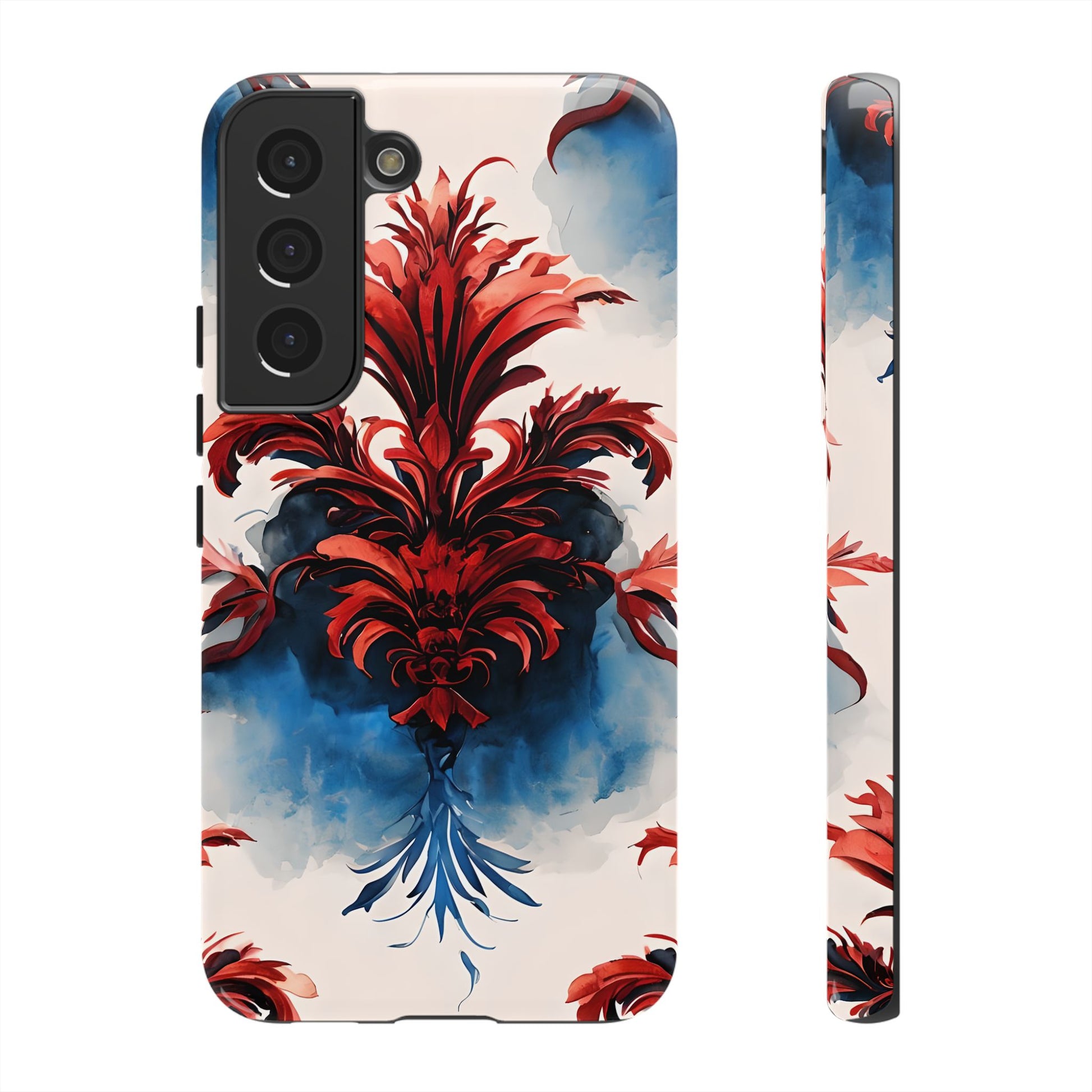 Crimson Plume - Bold Artistic Feather Samsung Galaxy S22 Tough Phone Case - Dramatic Red & Blue Design