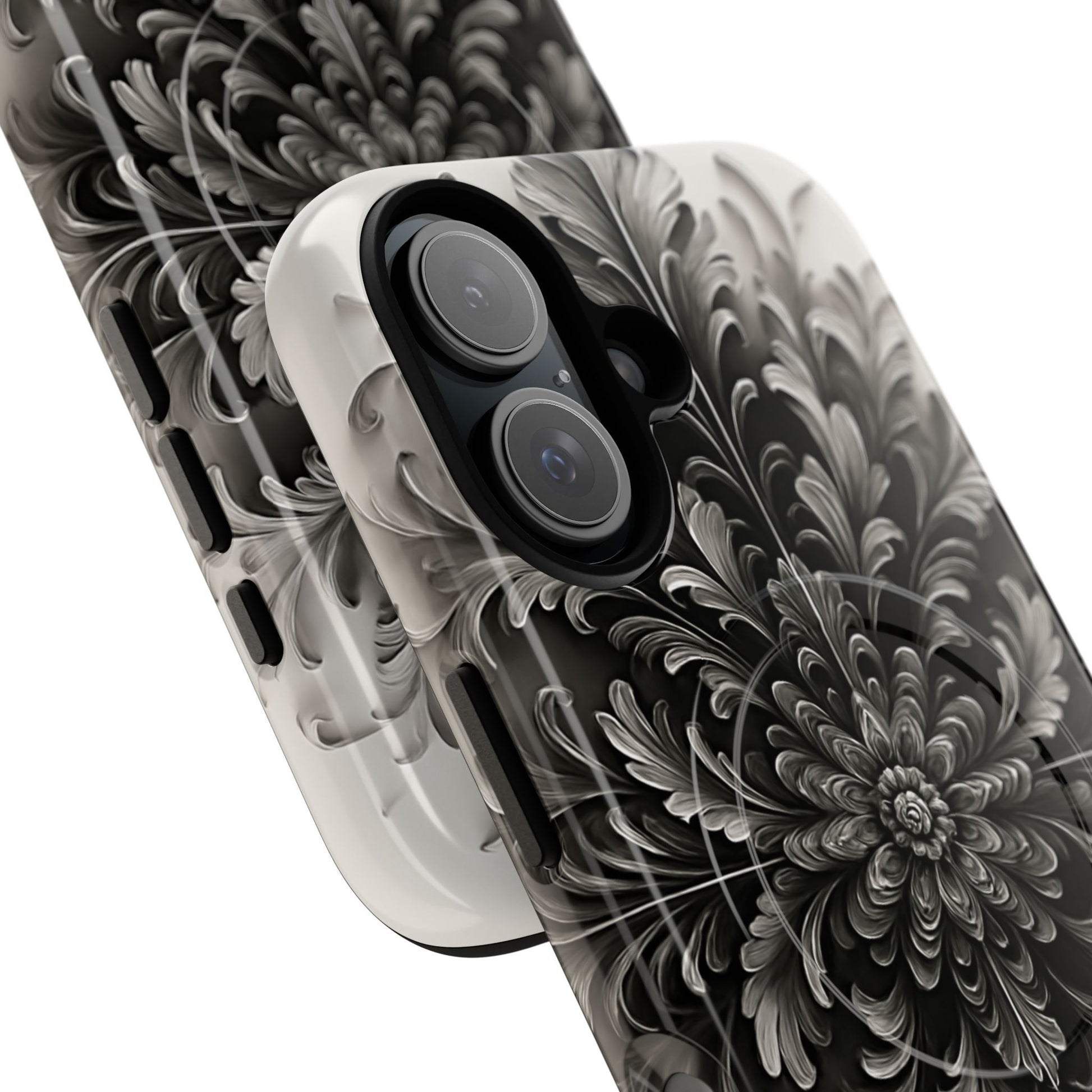 Obsidian Bloom - Elegant Black & White iPhone 16 MagSafe Phone Case - Intricate Mandala Flower Design
