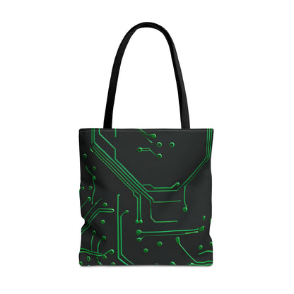 Green Circuit Grid Tote Bag (16x16 & 18x18)- Tech-Inspired Design on Black, Reusable & Eco-Friendly