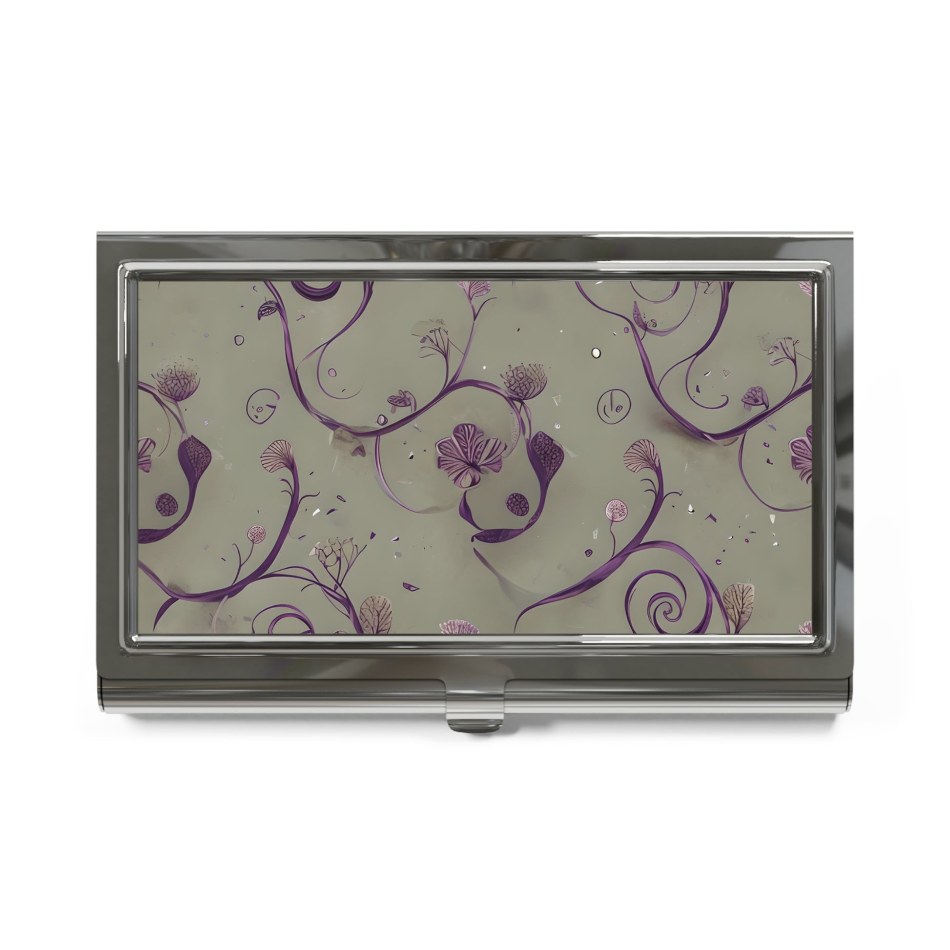 Twilight Thistle purple floral scroll pattern business card holder closed top view