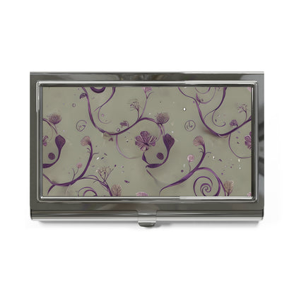 Twilight Thistle purple floral scroll pattern business card holder closed top view