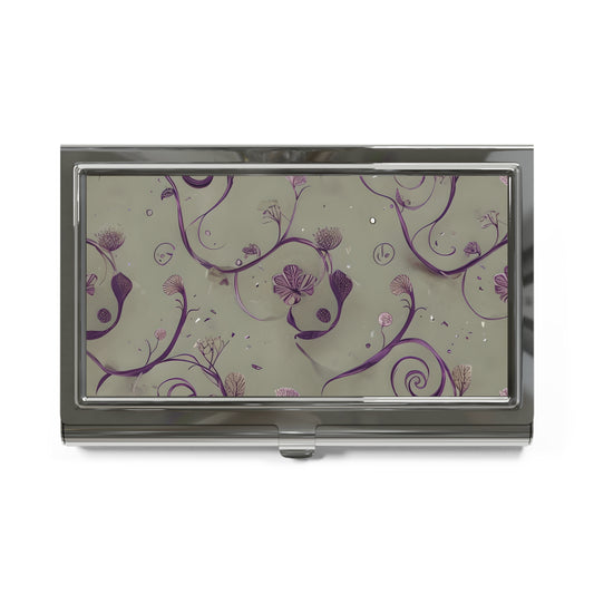 Twilight Thistle purple floral scroll pattern business card holder closed top view