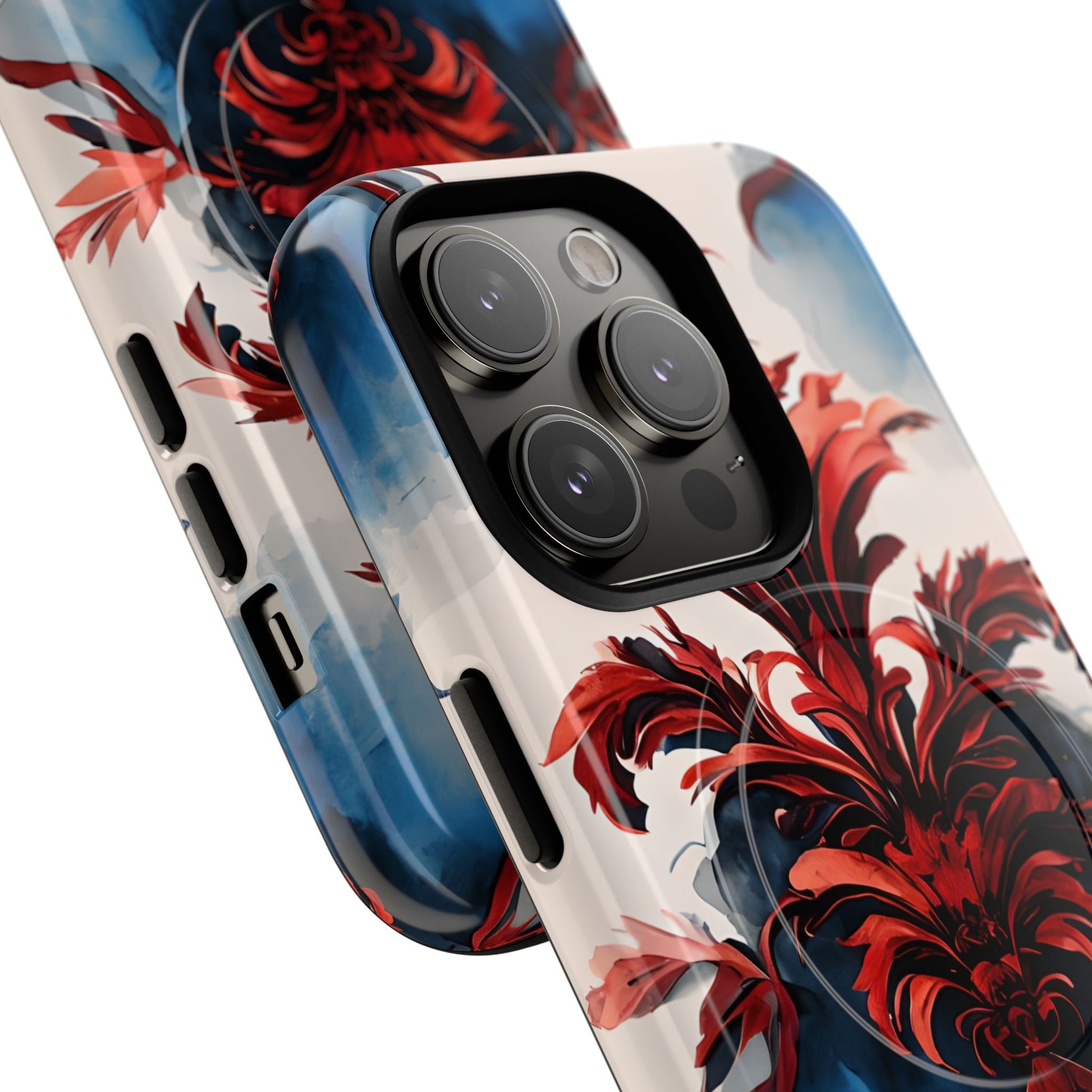 Crimson Plume - Bold Artistic Feather iPhone 14 Pro MagSafe Phone Case - Dramatic Red & Blue Design