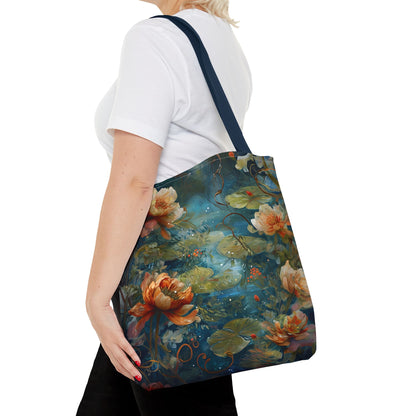 Waterlily Nocturne canvas tote bag worn over shoulder showing dark waterlily floral illustration