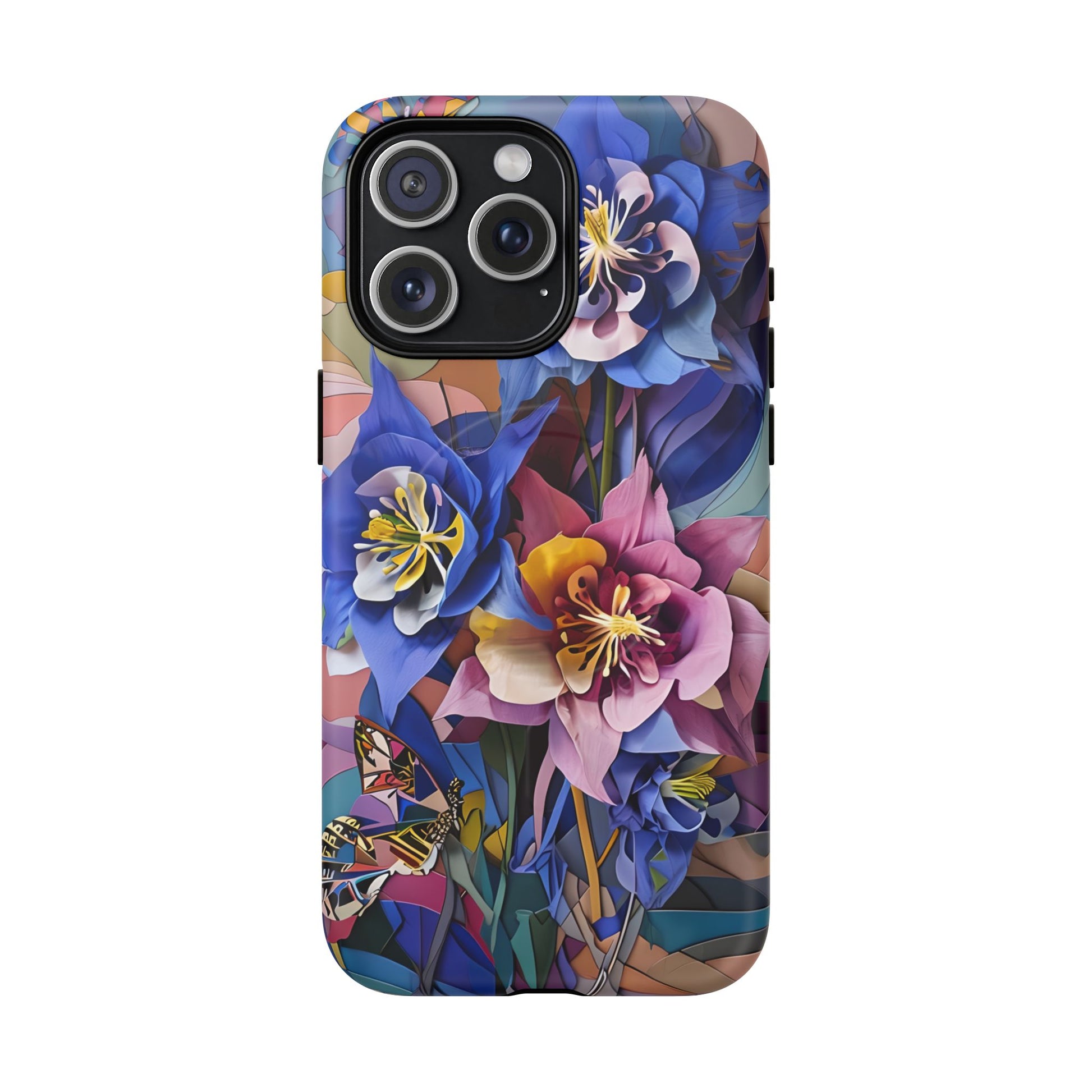 Blue Columbine Carnivale - Artistic Floral & Butterfly iPhone 15 Pro Max MagSafe Phone Case - Vibrant Botanical Design