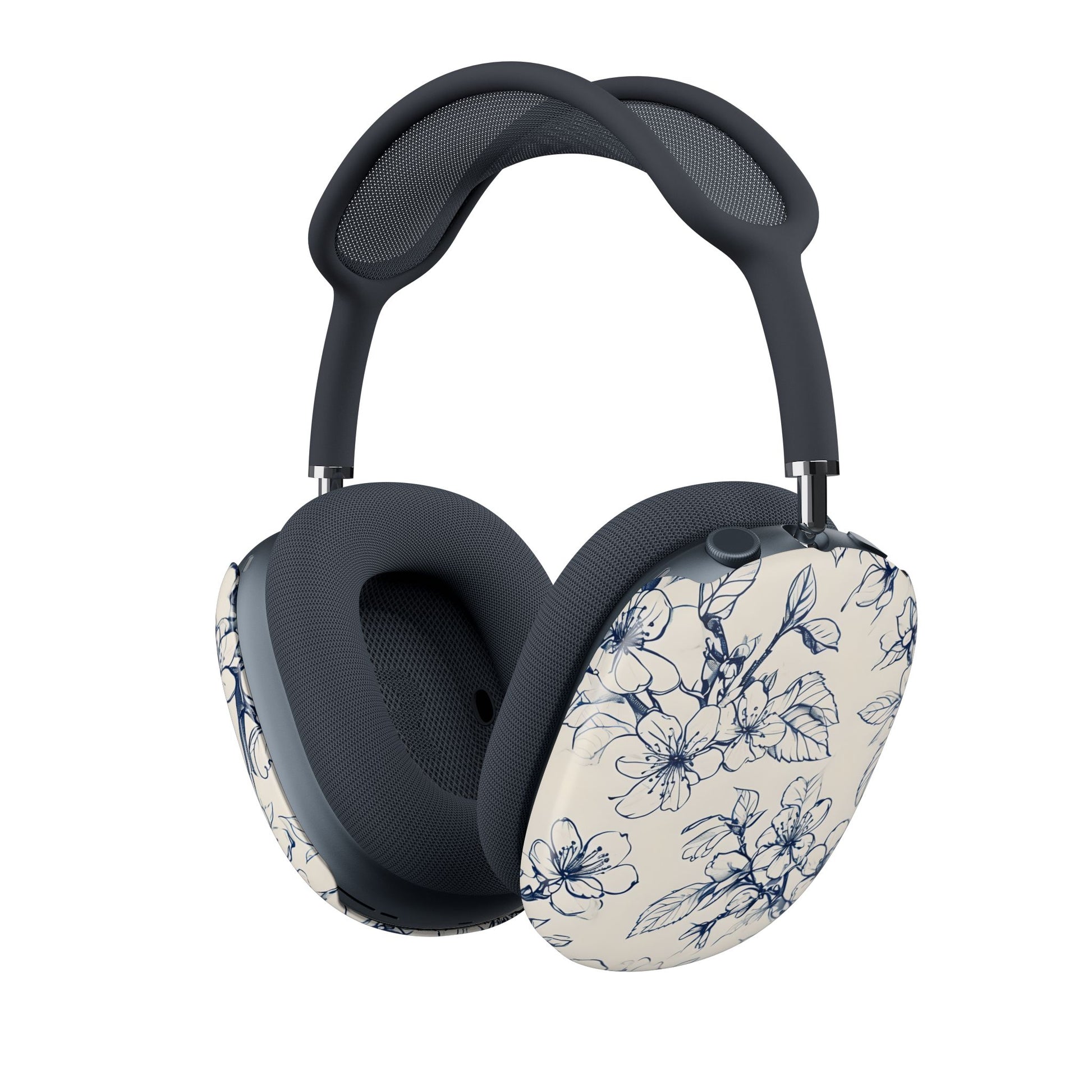 Blossom Sketch AirPods Max cover with navy blue line art flowers on cream background, minimal floral pattern, angled view on Apple AirPods Max headphones