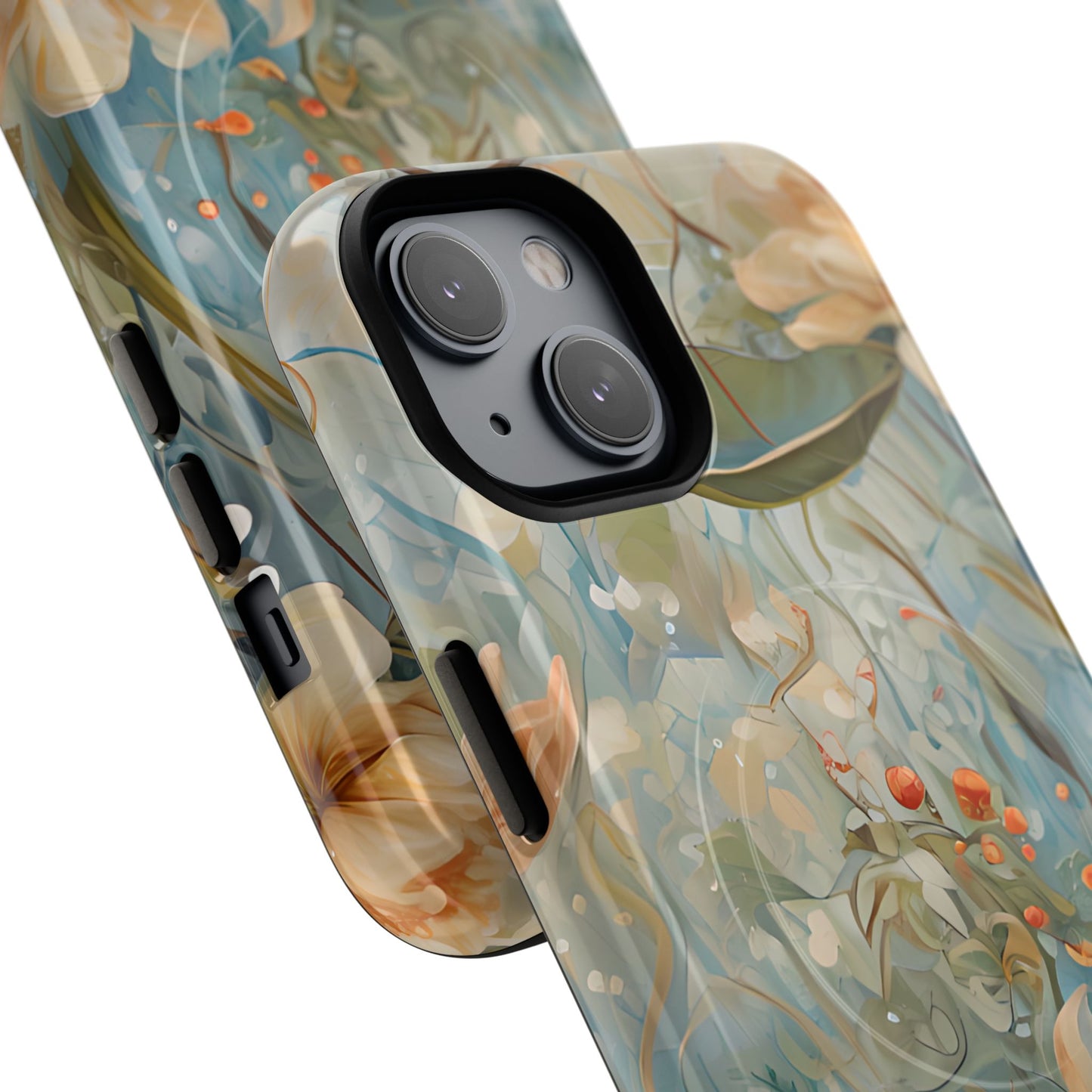 Angled view of Waterlily Dreamscape iPhone MagSafe protective phone case