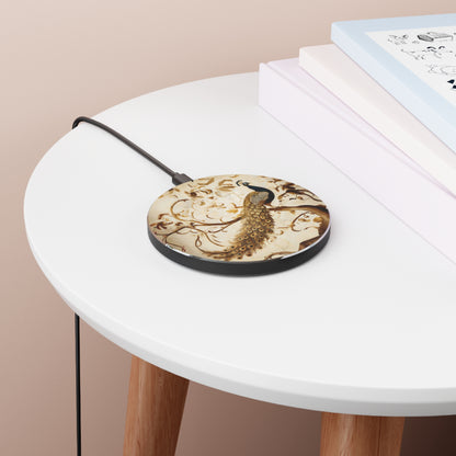 Golden Plumage peacock art Qi wireless charger on bedside table with books