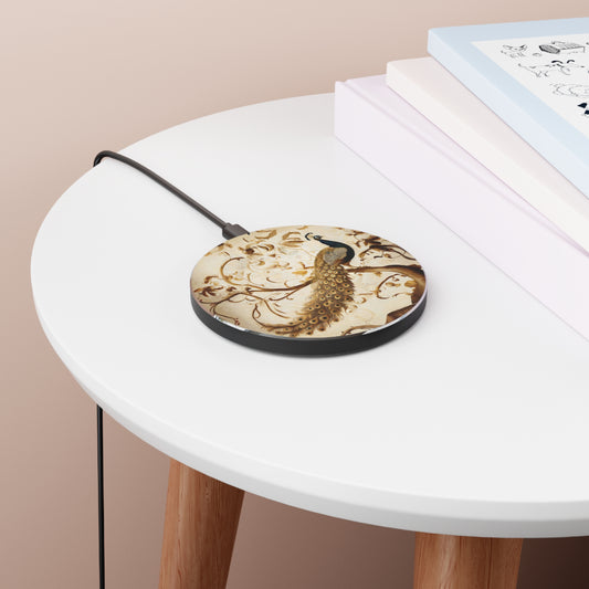 Golden Plumage peacock art Qi wireless charger on bedside table with books