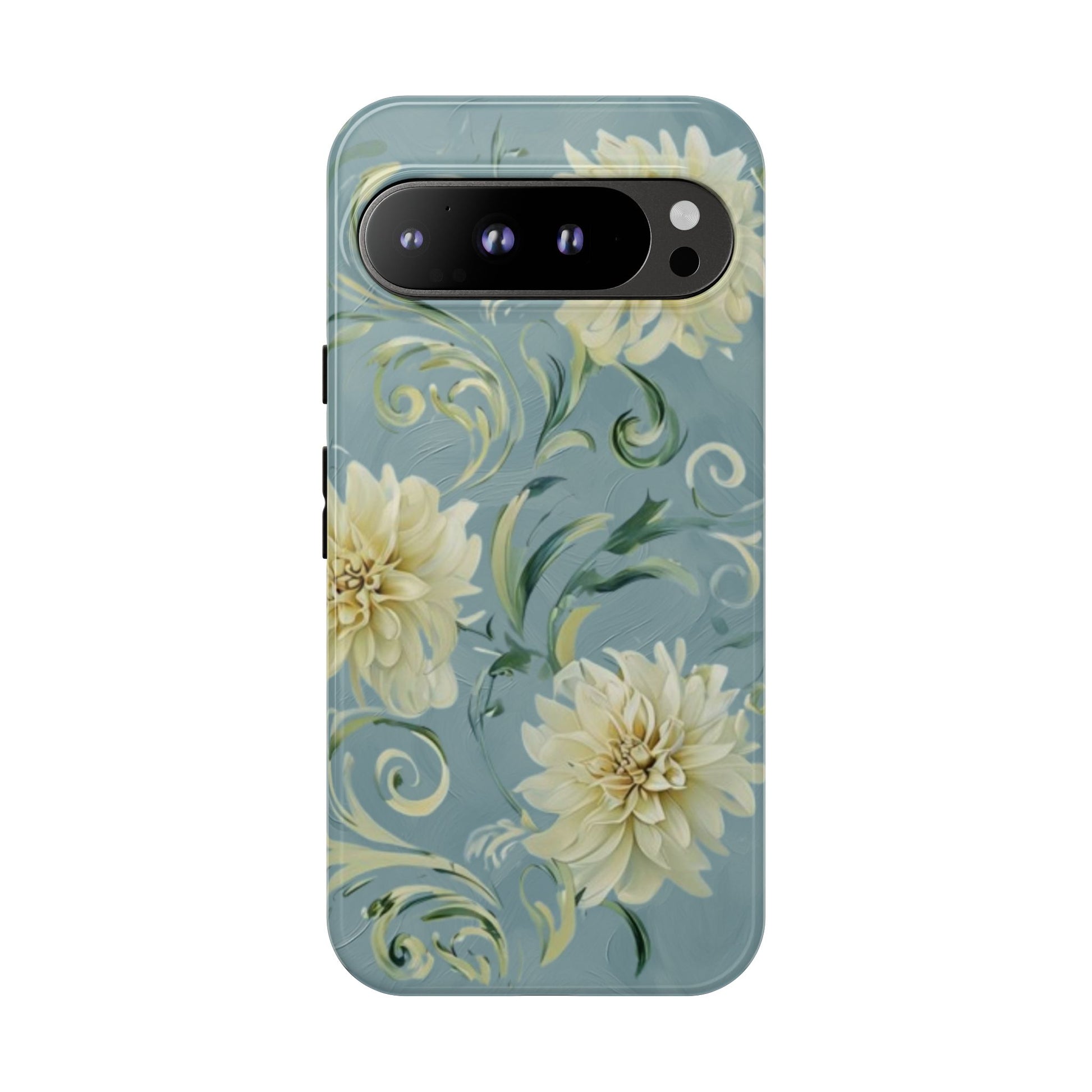 Golden Dahlia Trio - Elegant Floral Google Pixel 9 Pro XL Tough Phone Case - Artistic White & Blue Dahlia Design