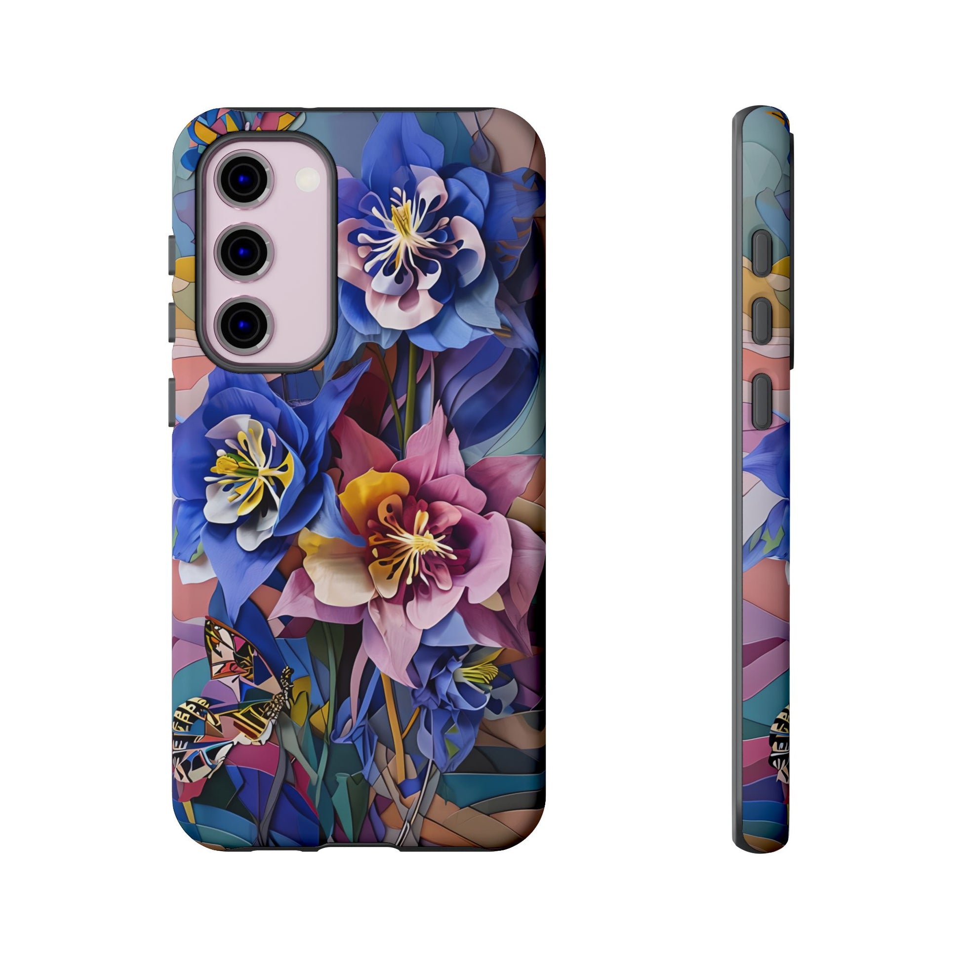 Blue Columbine Carnivale - Artistic Floral & Butterfly Samsung S23 Plus Tough Phone Case - Vibrant Botanical Design