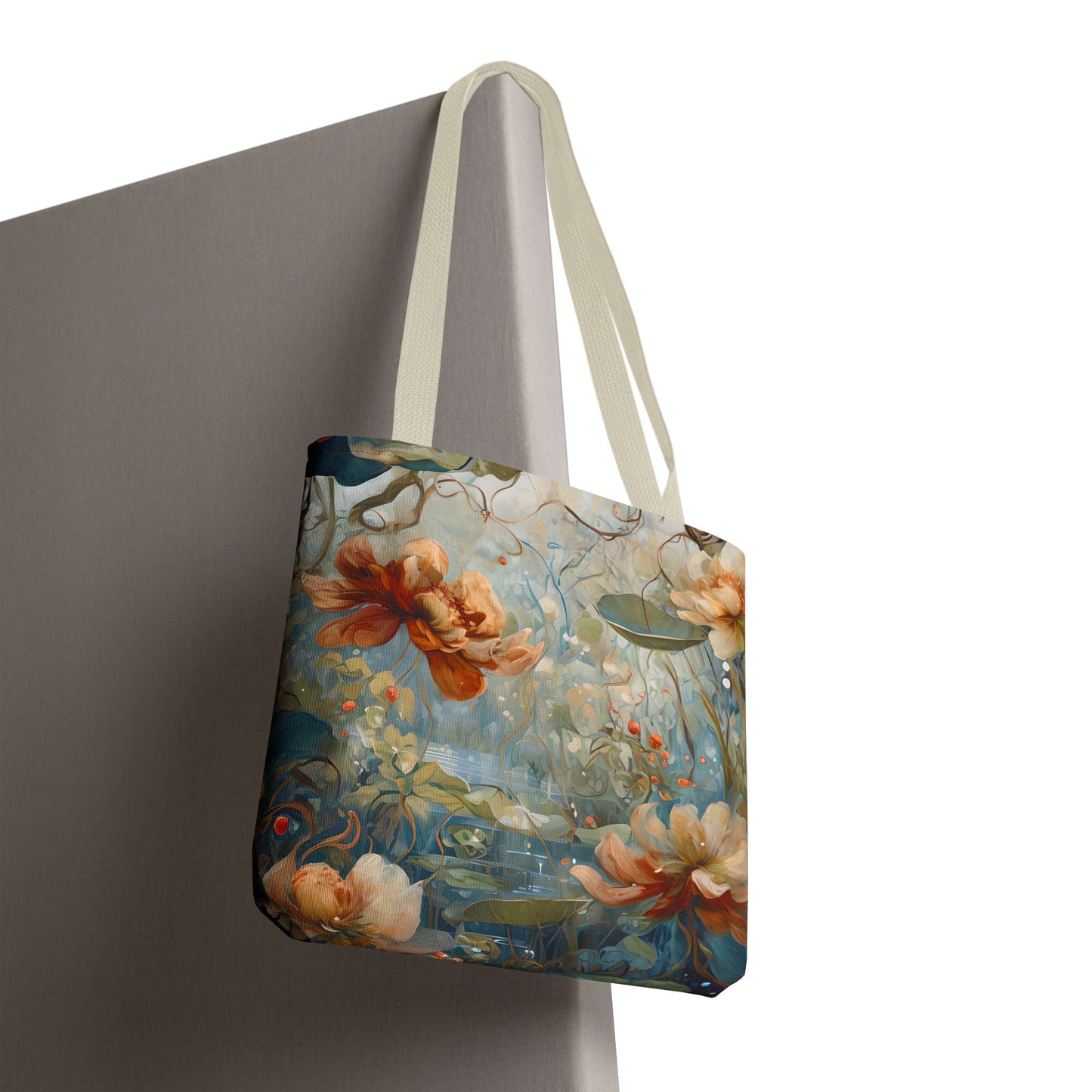 Waterlily Dreamscape canvas tote bag hanging with tranquil waterlily pond design