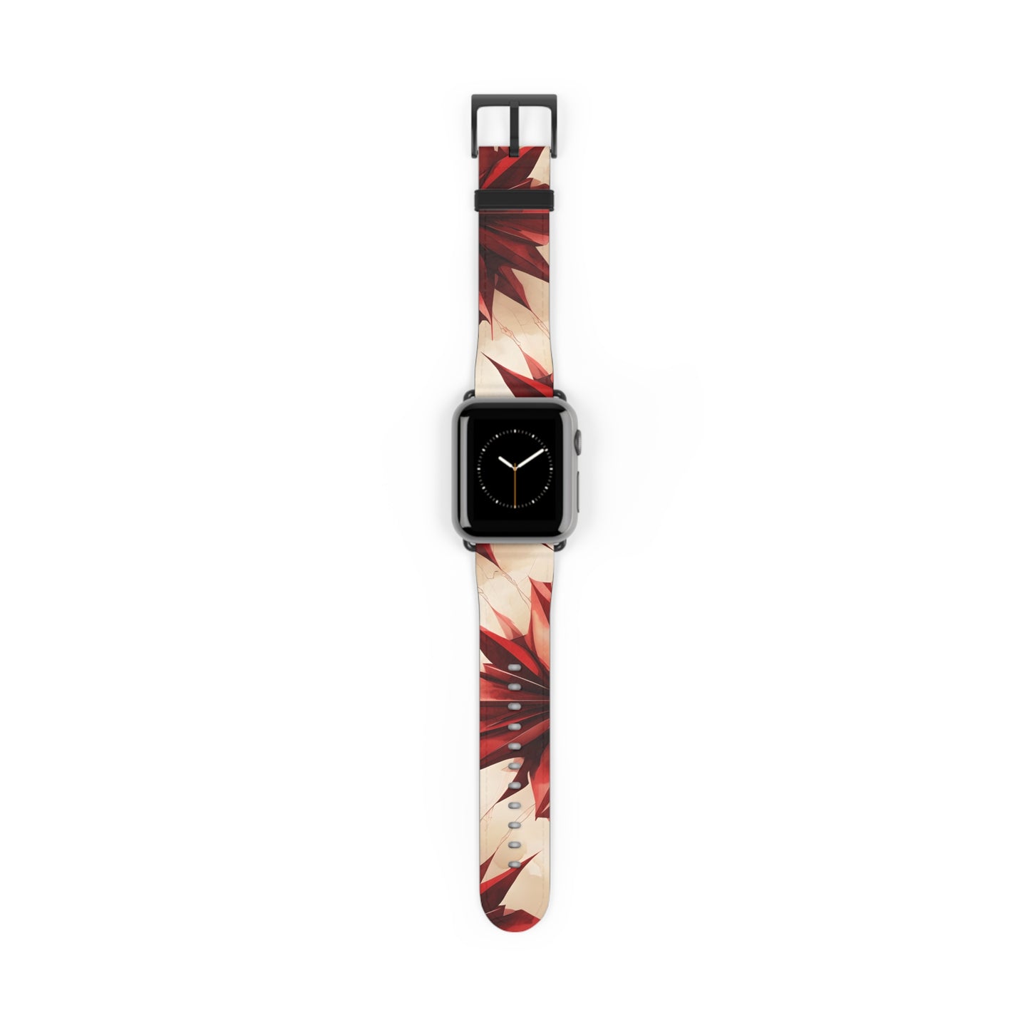 Ruby Compass Apple Watch band with watch face featuring bold geometric compass star design in ruby red and cream tones