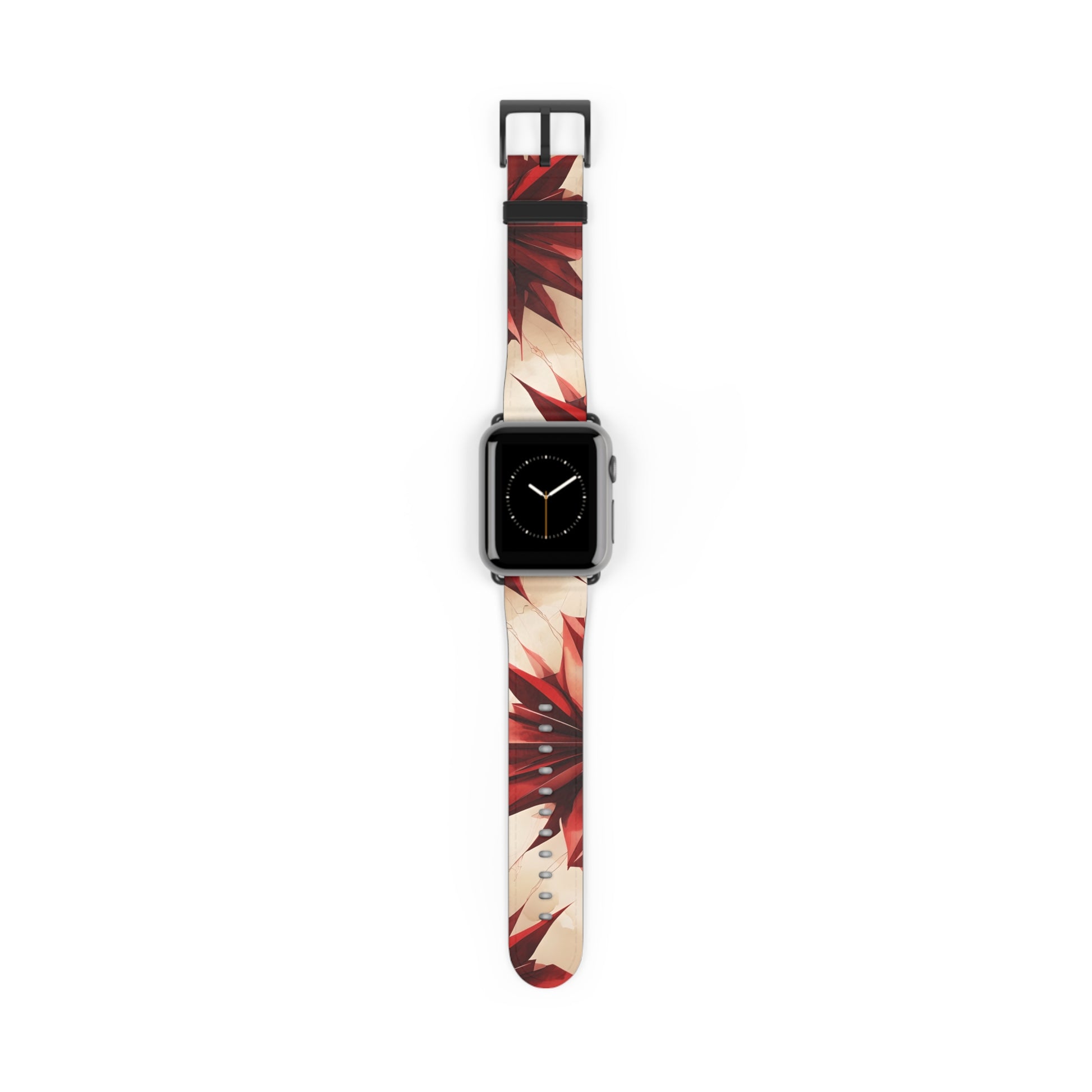 Ruby Compass Apple Watch band with watch face featuring bold geometric compass star design in ruby red and cream tones