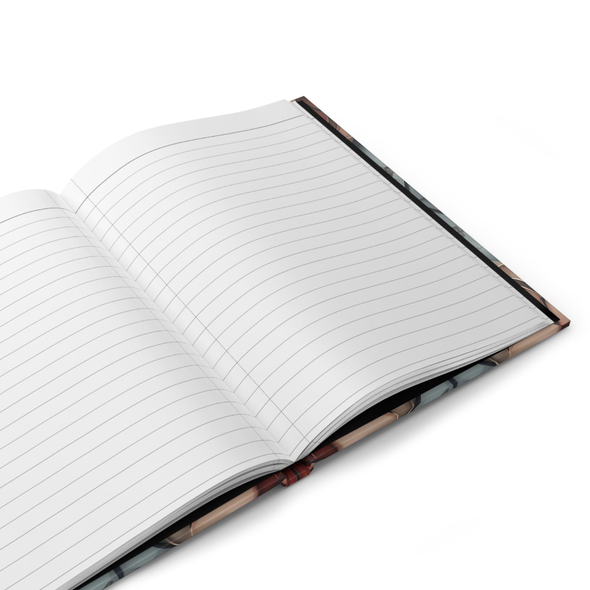 Open hardcover journal showing lined writing pages inside Ember Bloom notebook