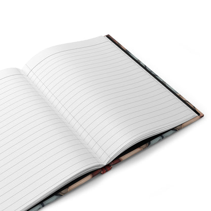 Open hardcover journal showing lined writing pages inside Ember Bloom notebook