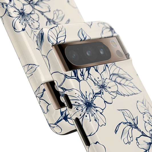 Blossom Sketch elegant blue floral line art artwork Google Pixel phone case angled view
