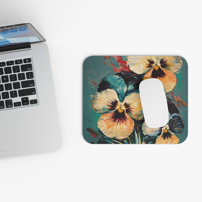 Golden Pansy Cascade mouse pad beside laptop showing teal pansy artwork