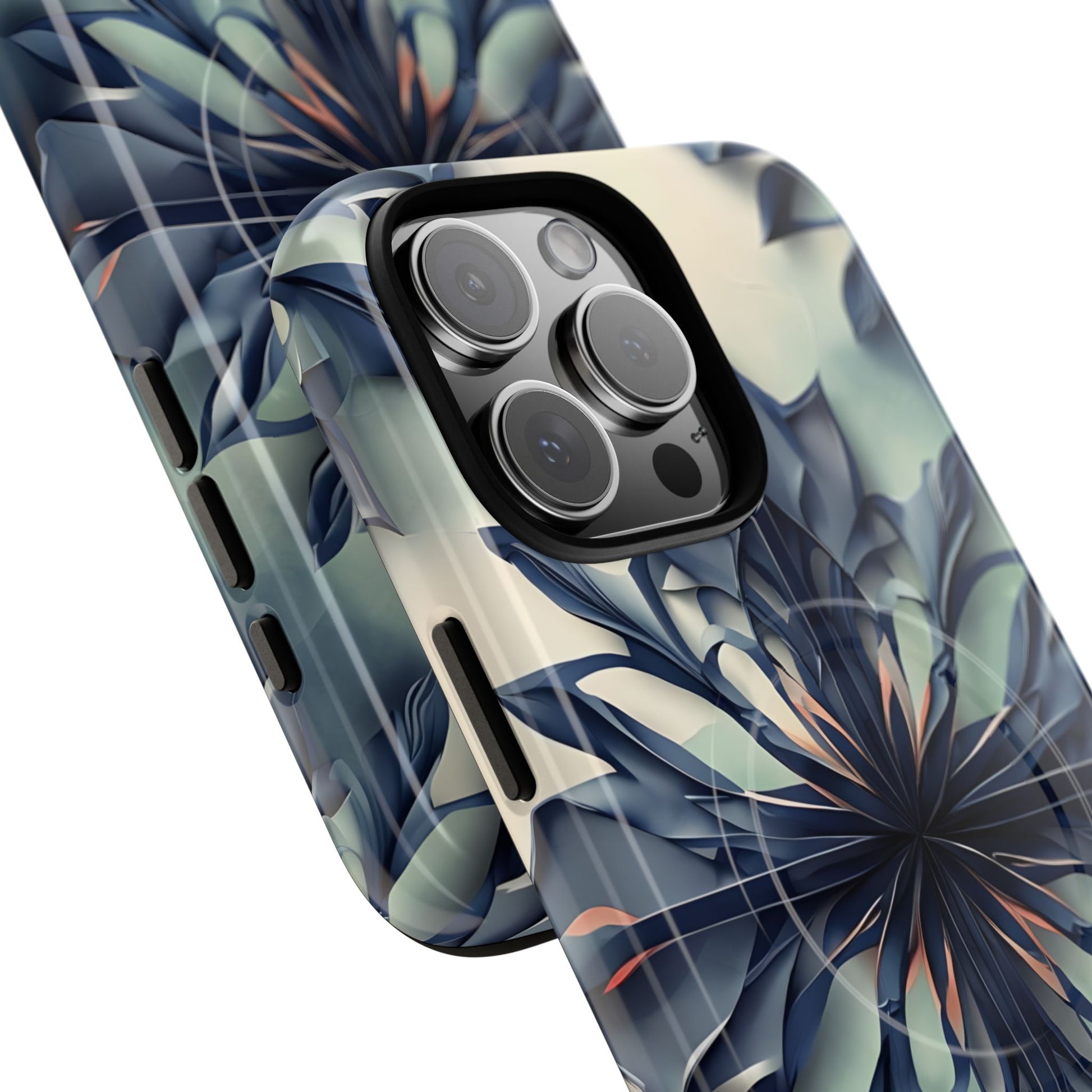 Frosted Indigo Bloom - Artistic Kaleidoscope Collection Artistic Floral - iPhone 16 Pro Max MagSafe Phone Case -Blue Symmetrical Design