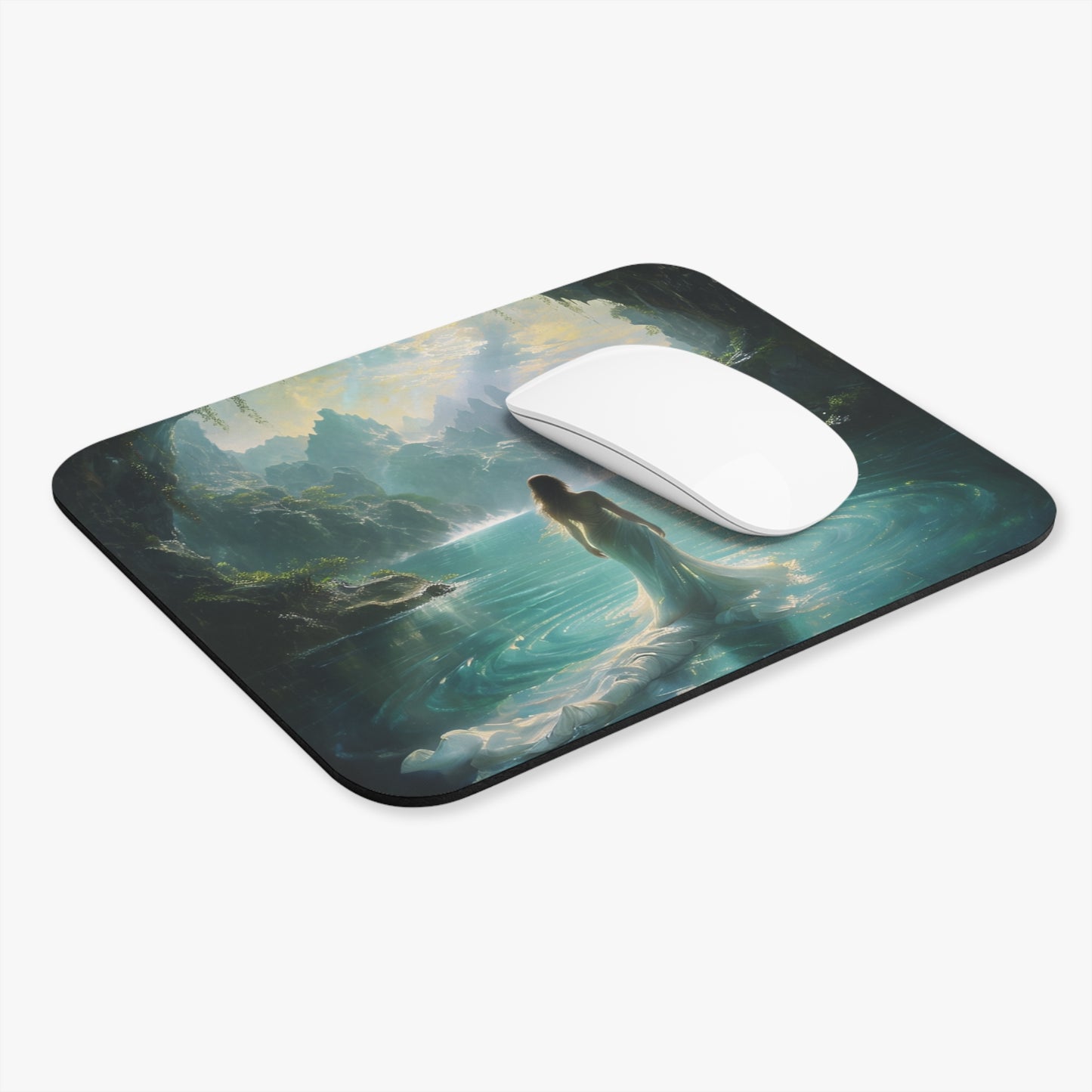 Celestial Tides mouse pad in workspace with mouse showing flowing celestial wave design