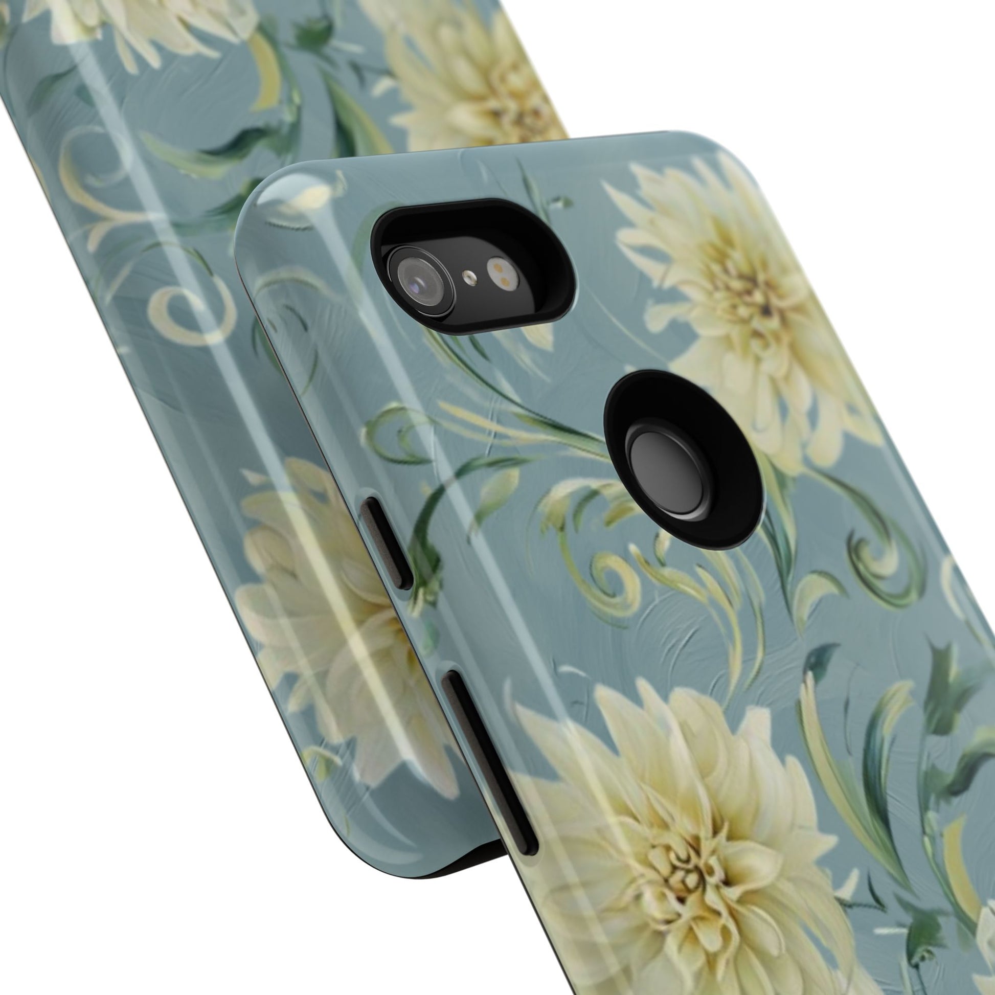 Golden Dahlia Trio - Elegant Floral Google Pixel 3XL Tough Phone Case - Artistic White & Blue Dahlia Design