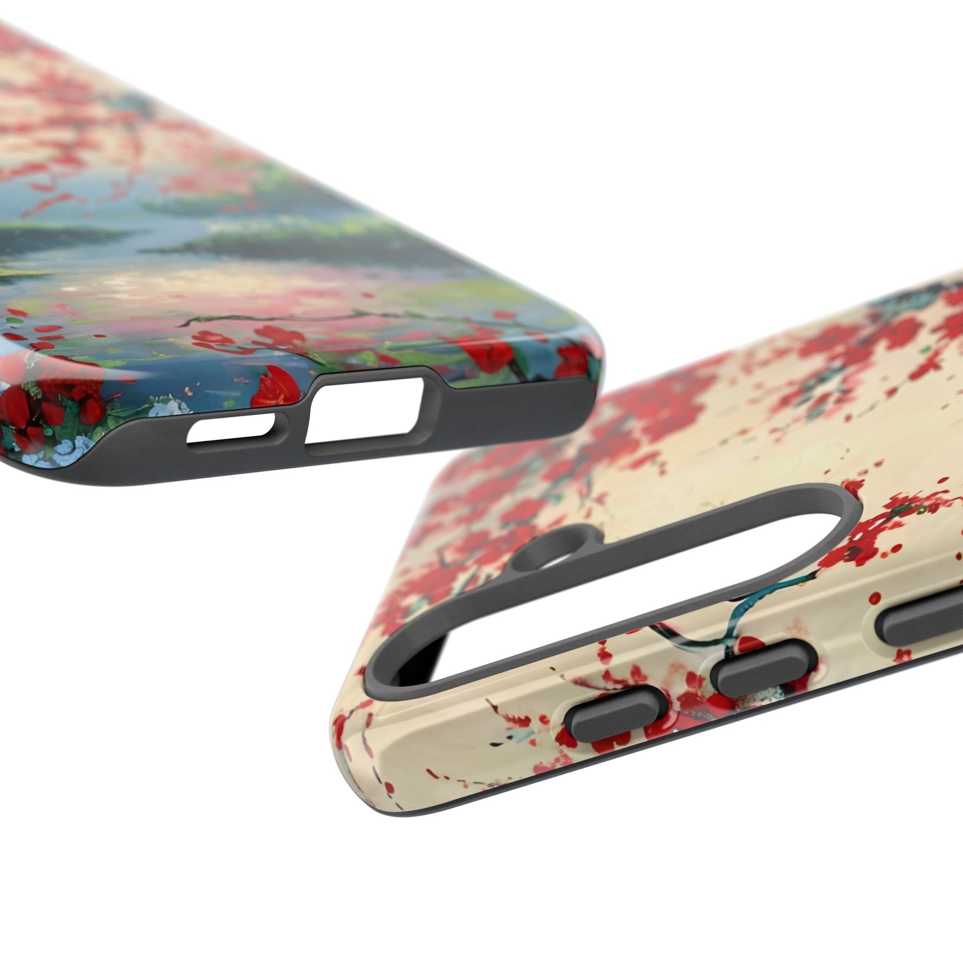 Crimson Blossom Lake - Artistic Floral Landscape Samsung Galaxy S25 Tough Phone Case - Red Cherry Blossoms & Serene Lake Design