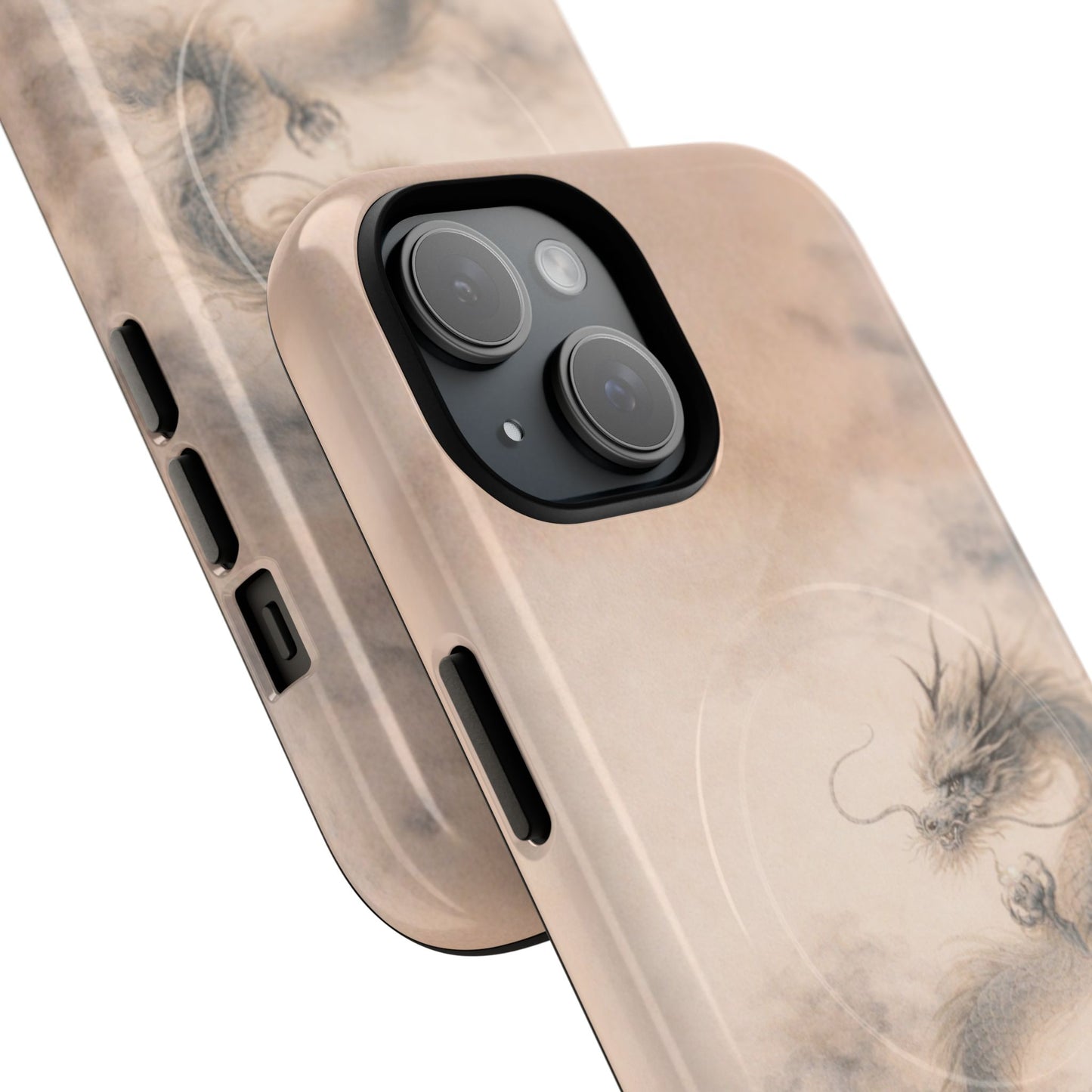 Close view of minimalist dragon iPhone case detail, Japanese-inspired jade dragon illustration on neutral background, sleek protective phone cover
