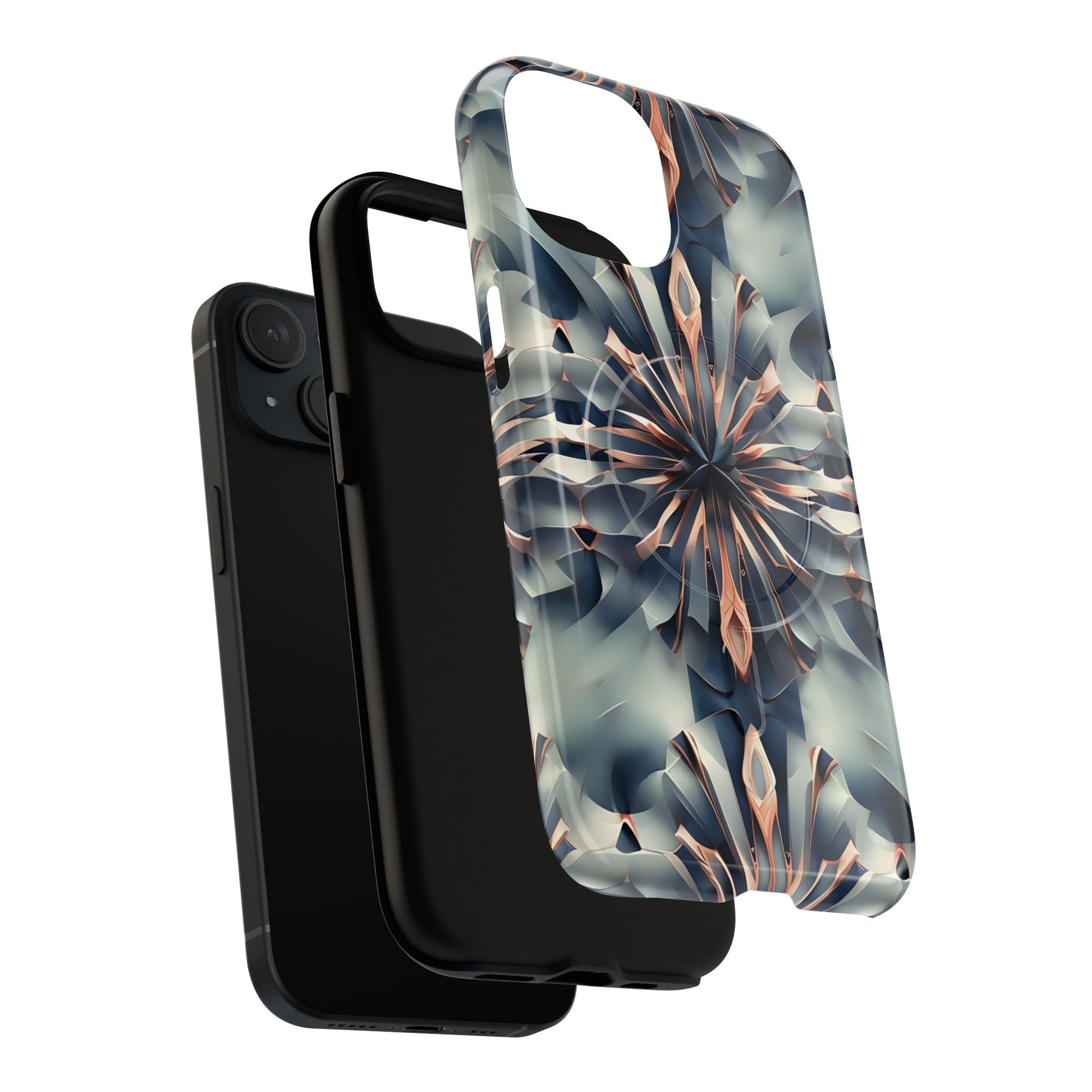 Obsidian Kaleidoscope Artistic Floral Burst - iPhone 15 MagSafe Phone Case -Blue, Peach and Silver Symmetrical Design
